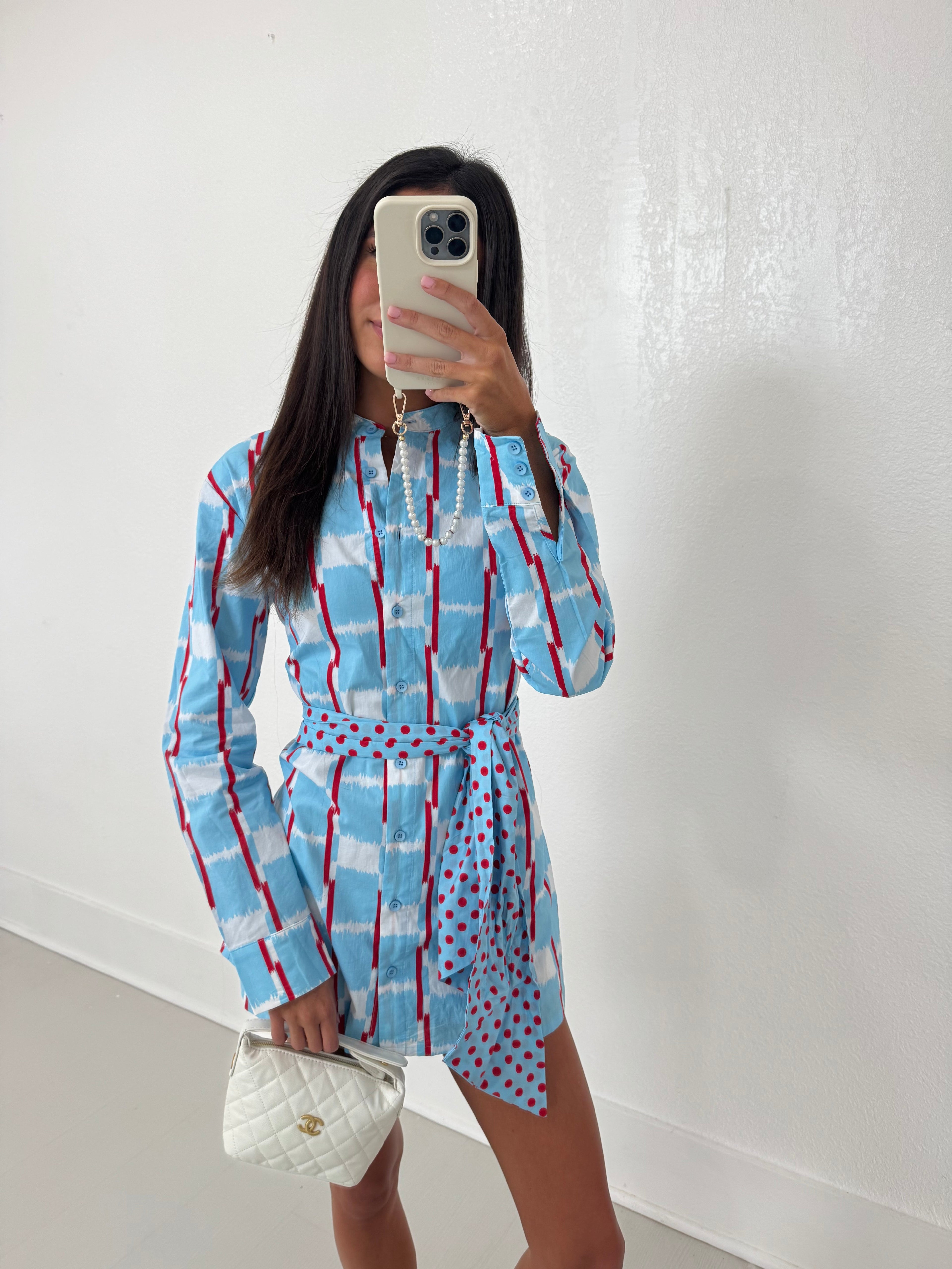 Mallie Multi Button Tie Mini Dress - Powder Blue/Red