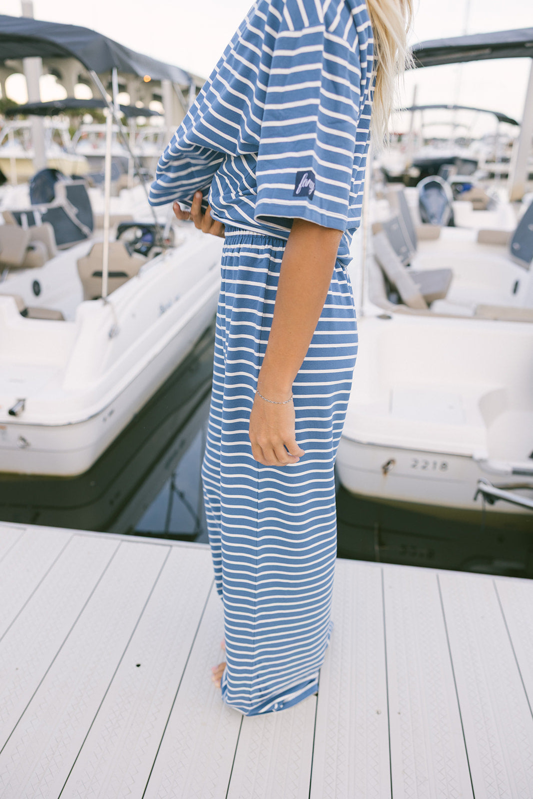Fancy Striped Oversized Short Sleeve Top - Malibu Blue