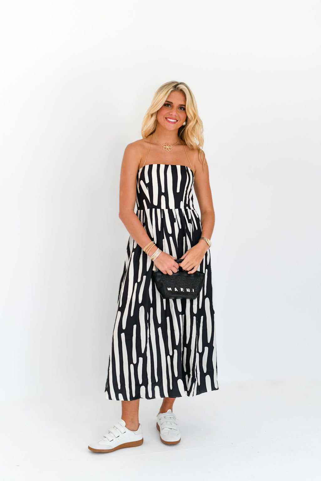 Lainey Strapless Abstract Midi Dress - Black/Cream