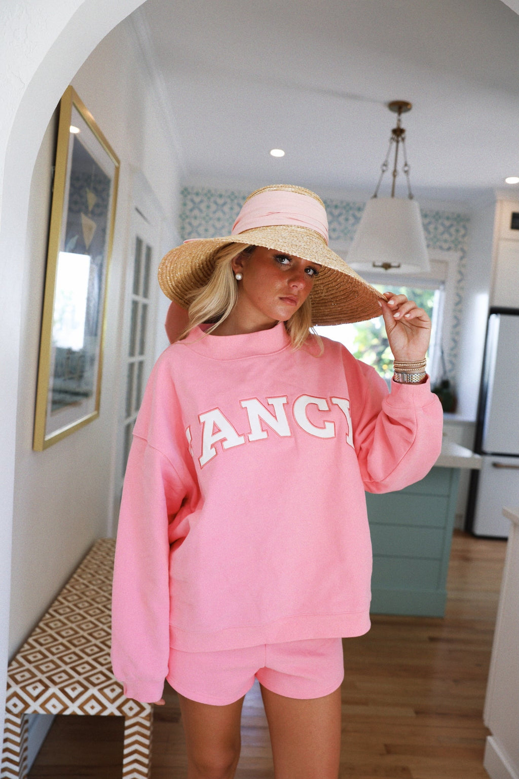 Fancy Oversized Fleece Mockneck - Hibiscus/White