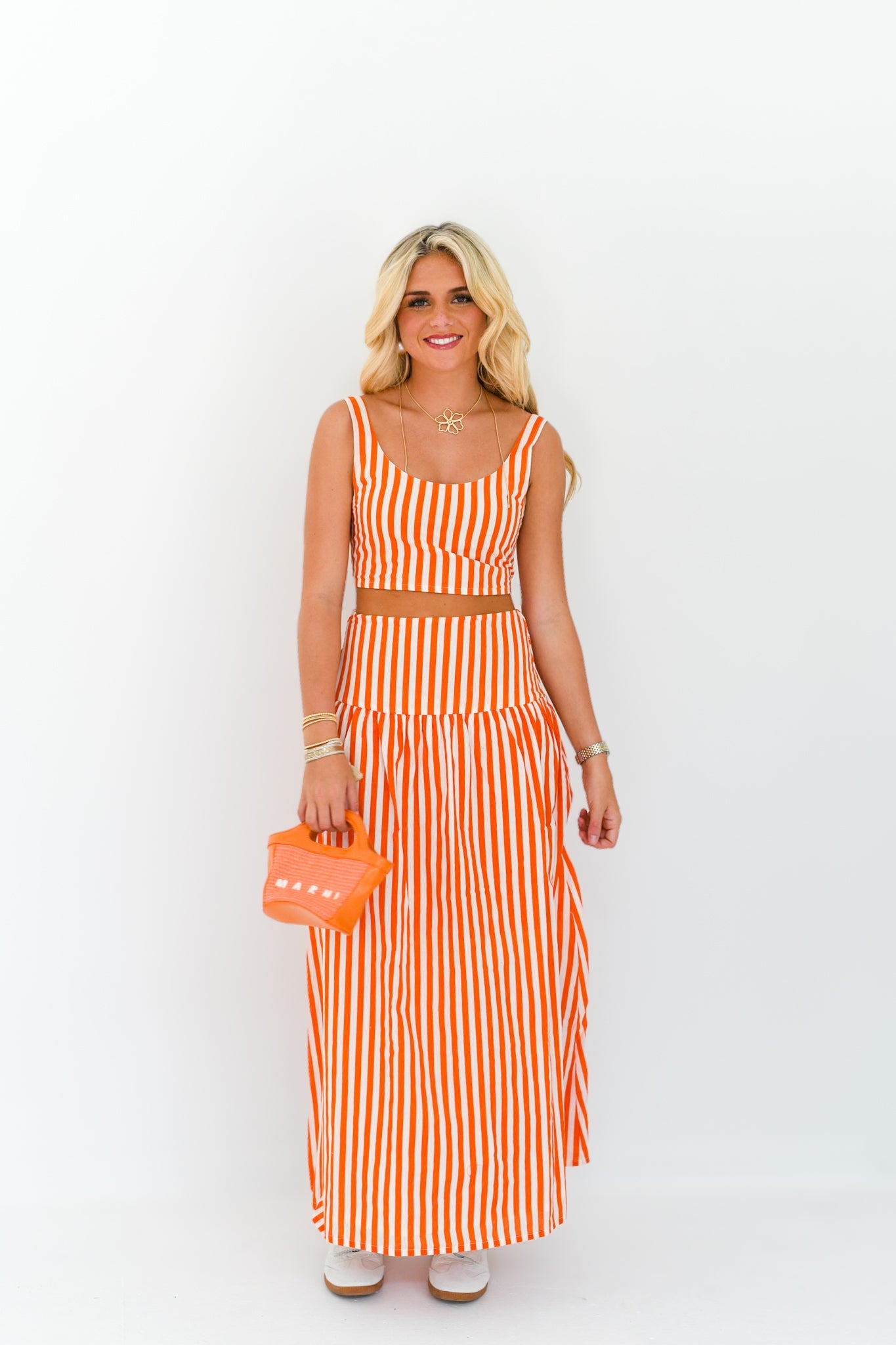 Hazel Maxi Skirt Set - Orange/White Stripes
