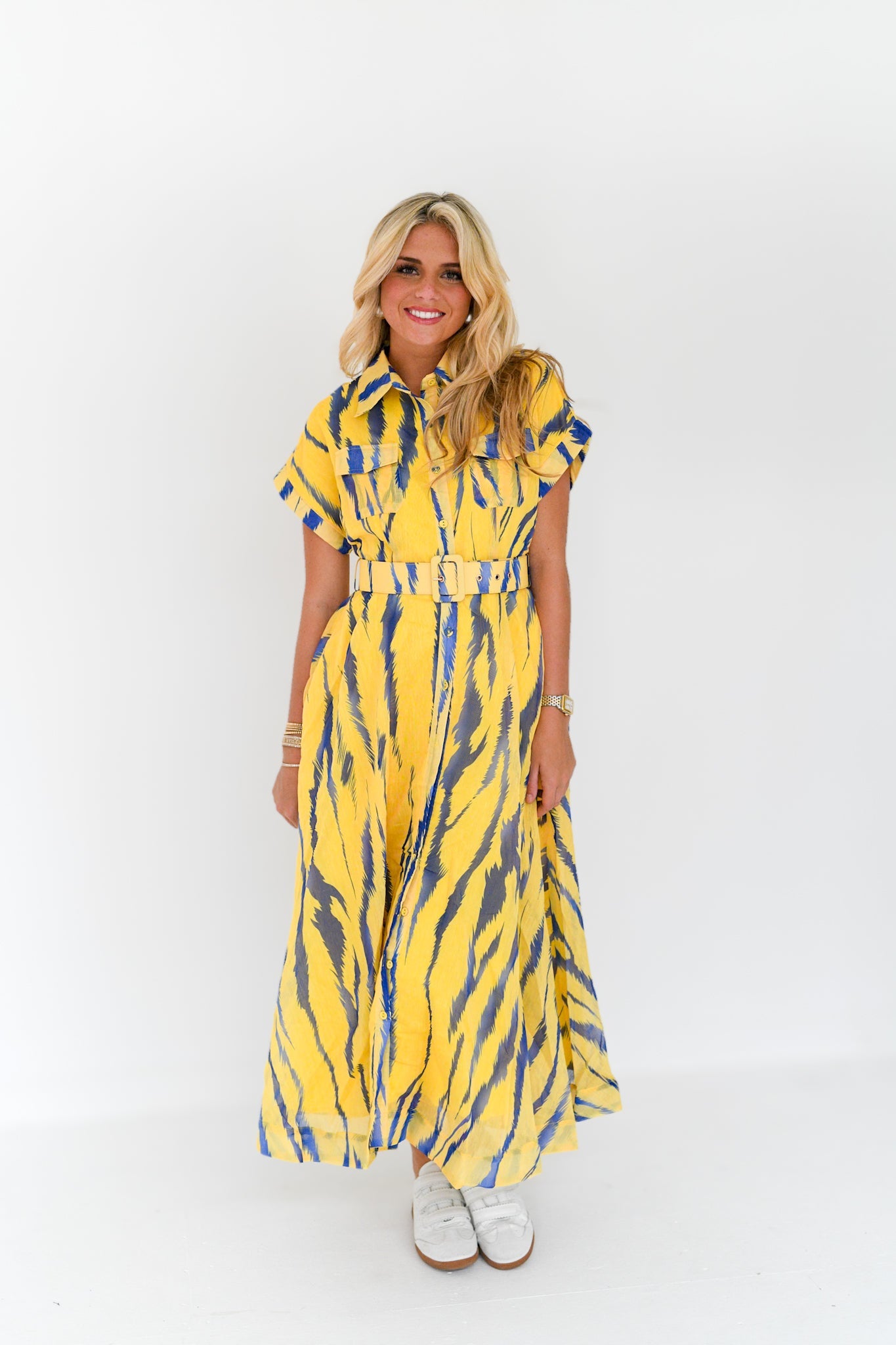 Emme Zebra Print Belted Midi Dress - Yellow/Blue Multi