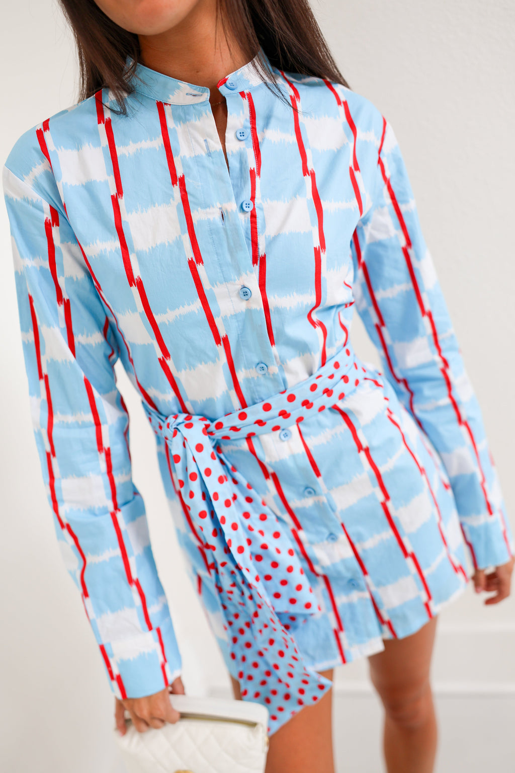 Mallie Multi Button Tie Mini Dress - Powder Blue/Red