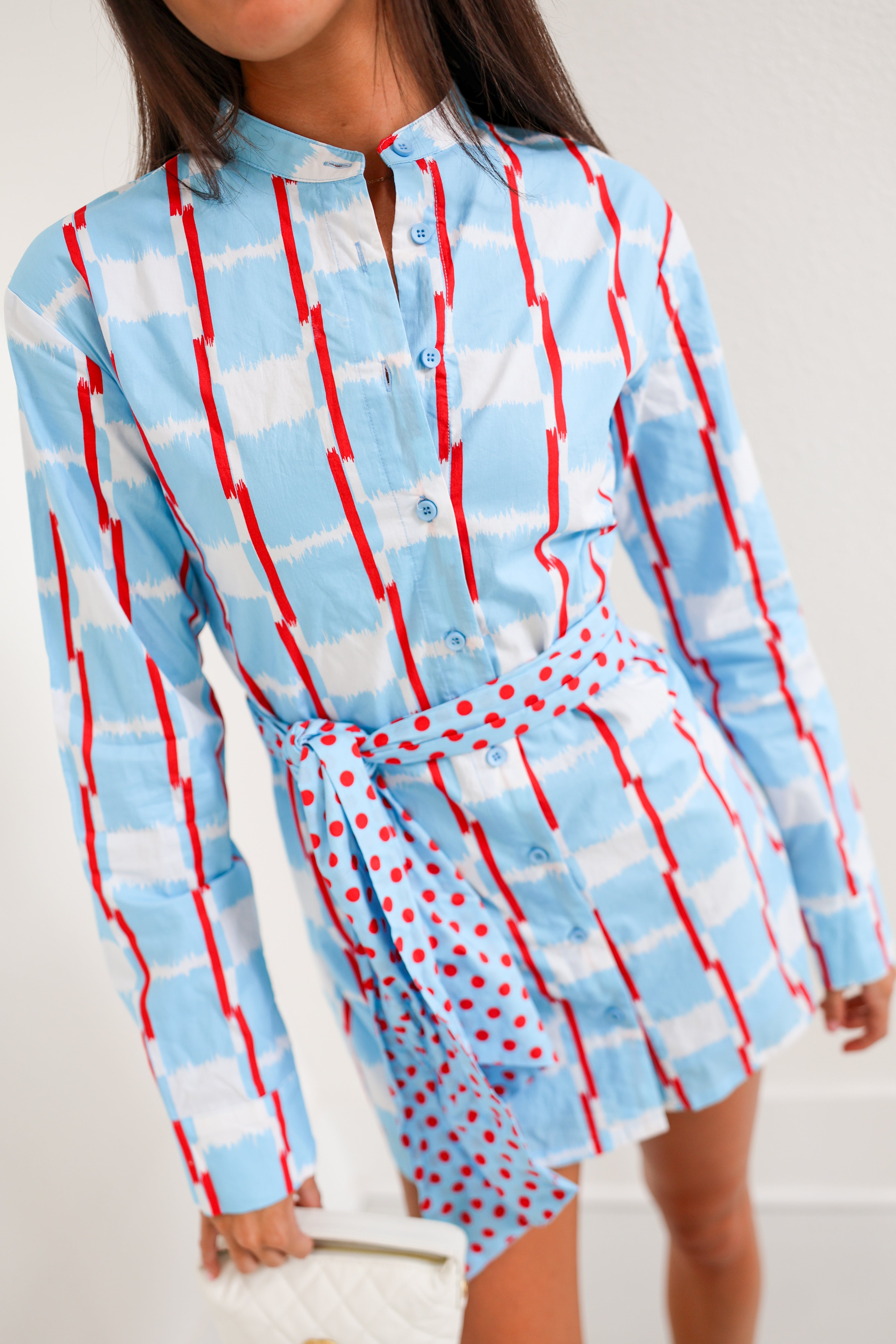 Mallie Multi Button Tie Mini Dress - Powder Blue/Red