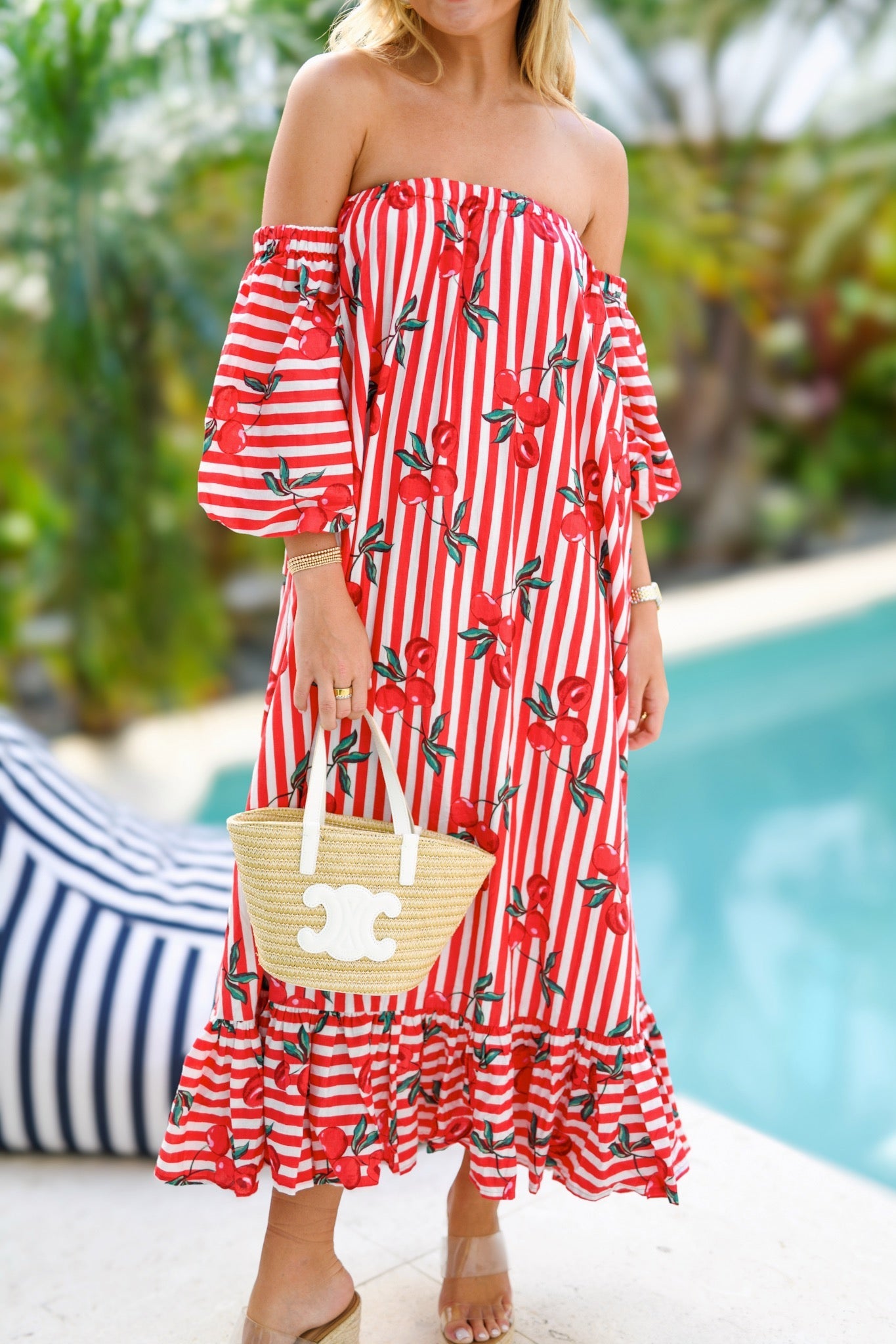 Lyla Strapless Bubble Sleeve Maxi Dress - Red Cherry Stripe