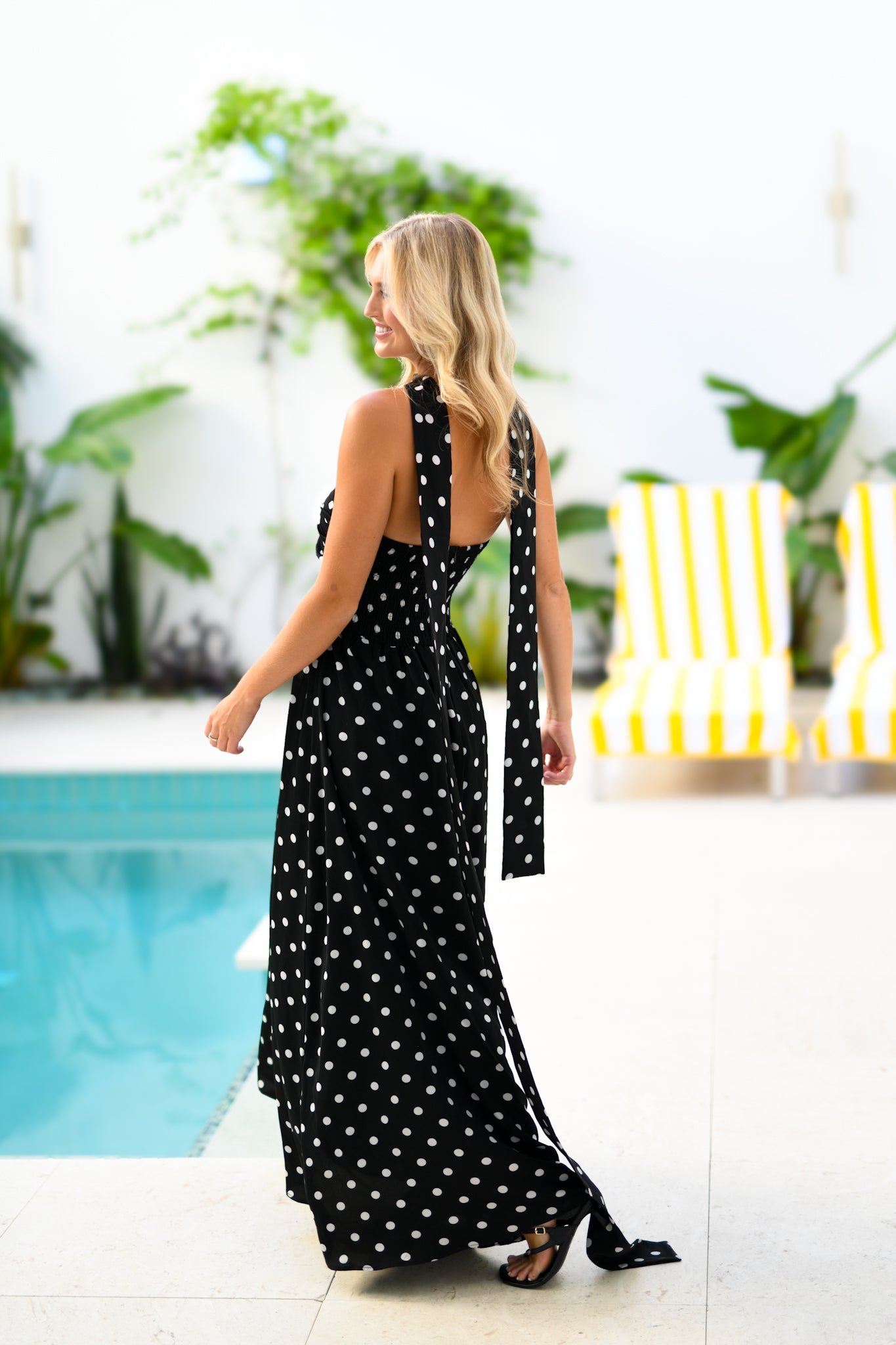 Emily Strapless Scarf Maxi Dress - Black Polka Dot