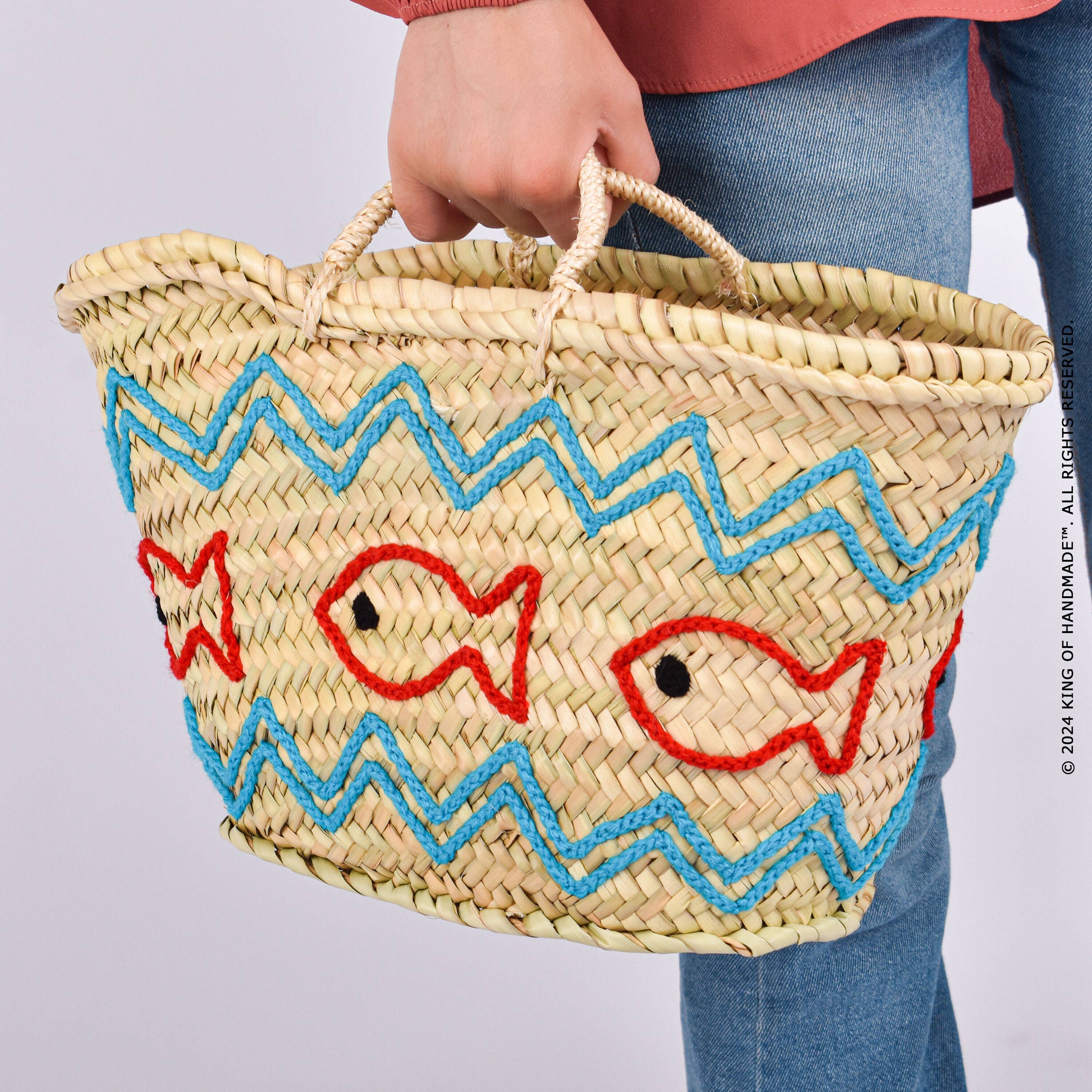 Handwoven Straw Beach Bag With Fish Motif - Vacation Bag