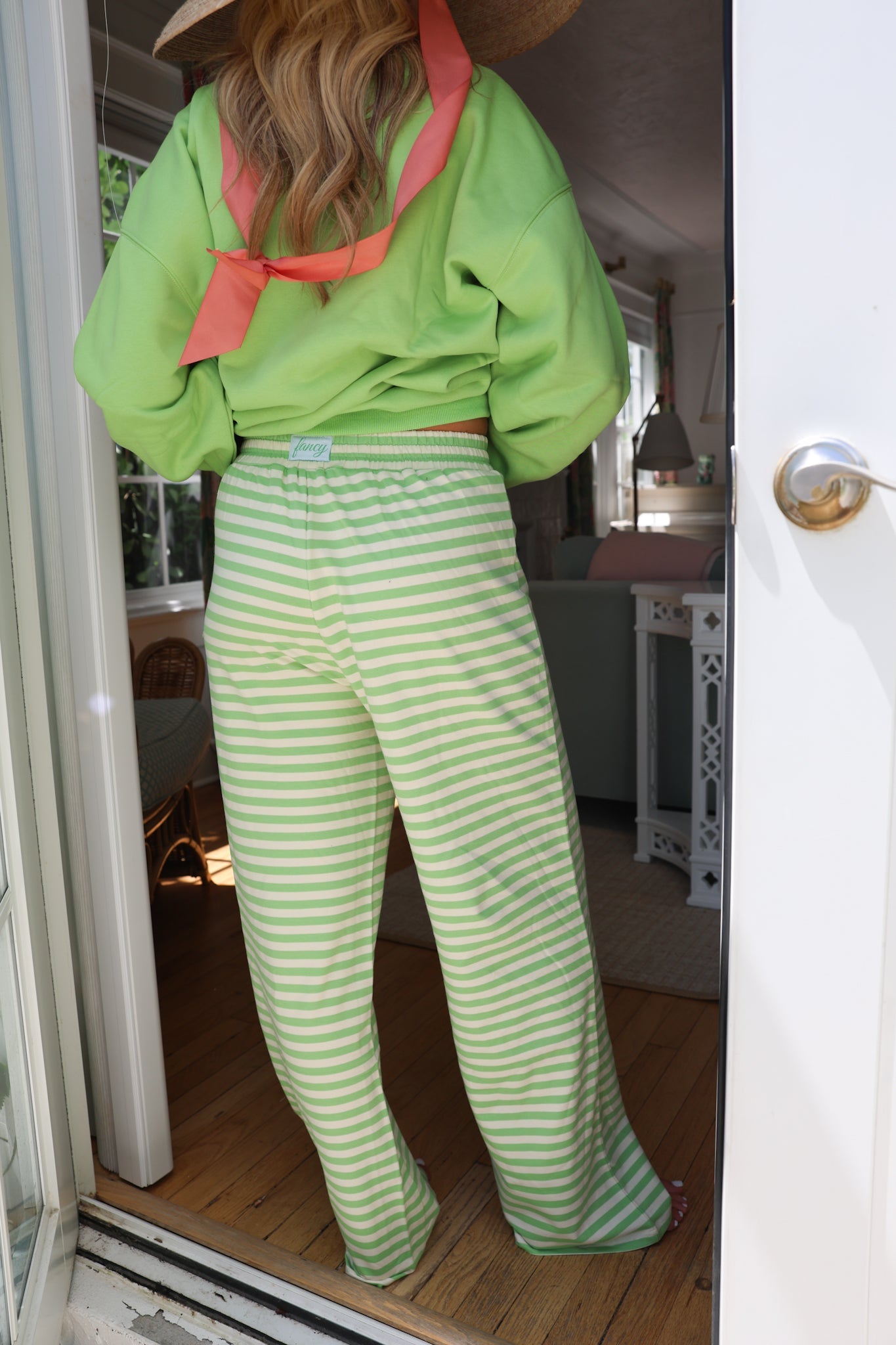 Fancy Striped Button Pants - Palm/Cream