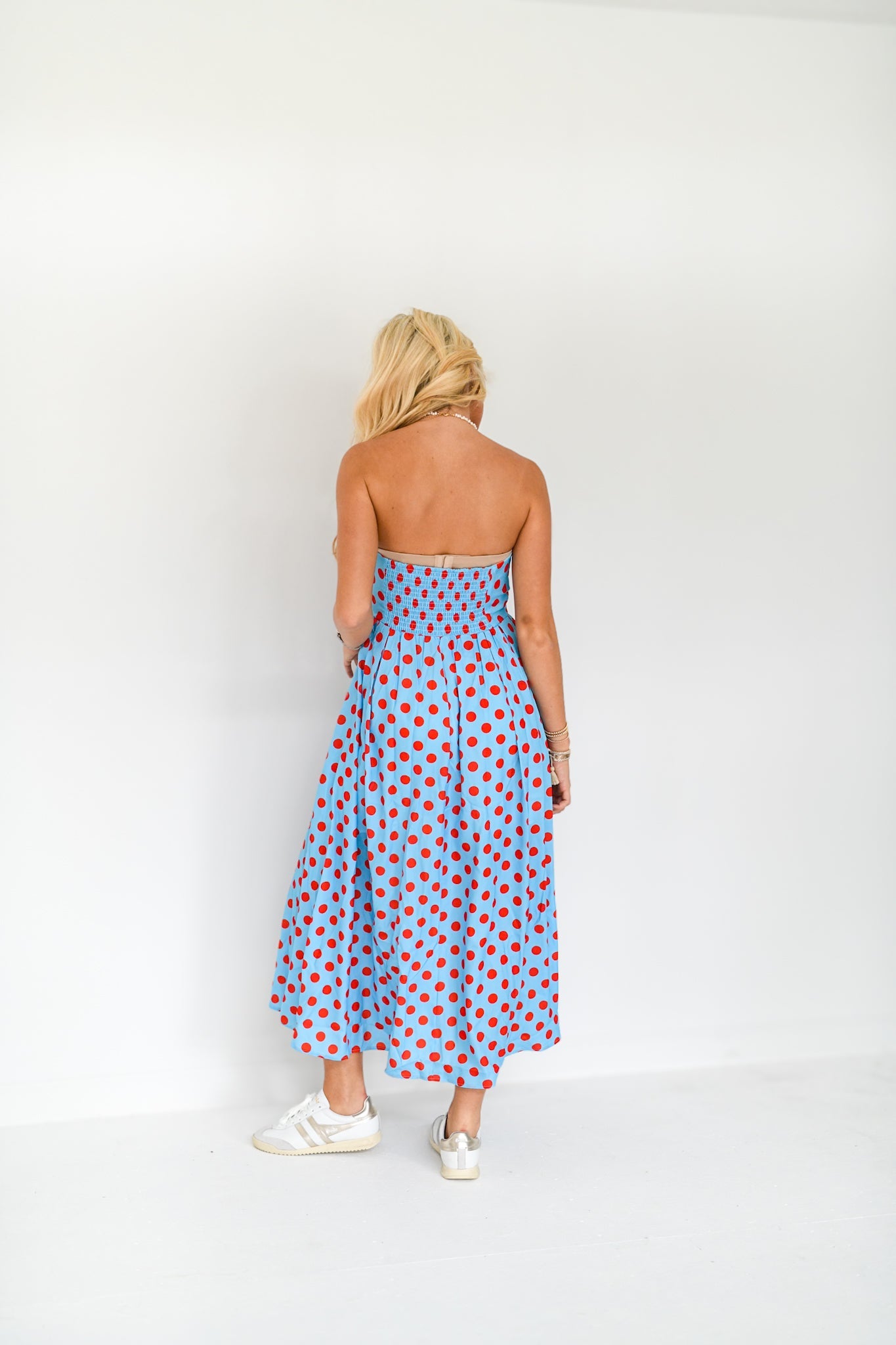 Manning Strapless Polka Dot Midi Dress - Powder Blue/Red