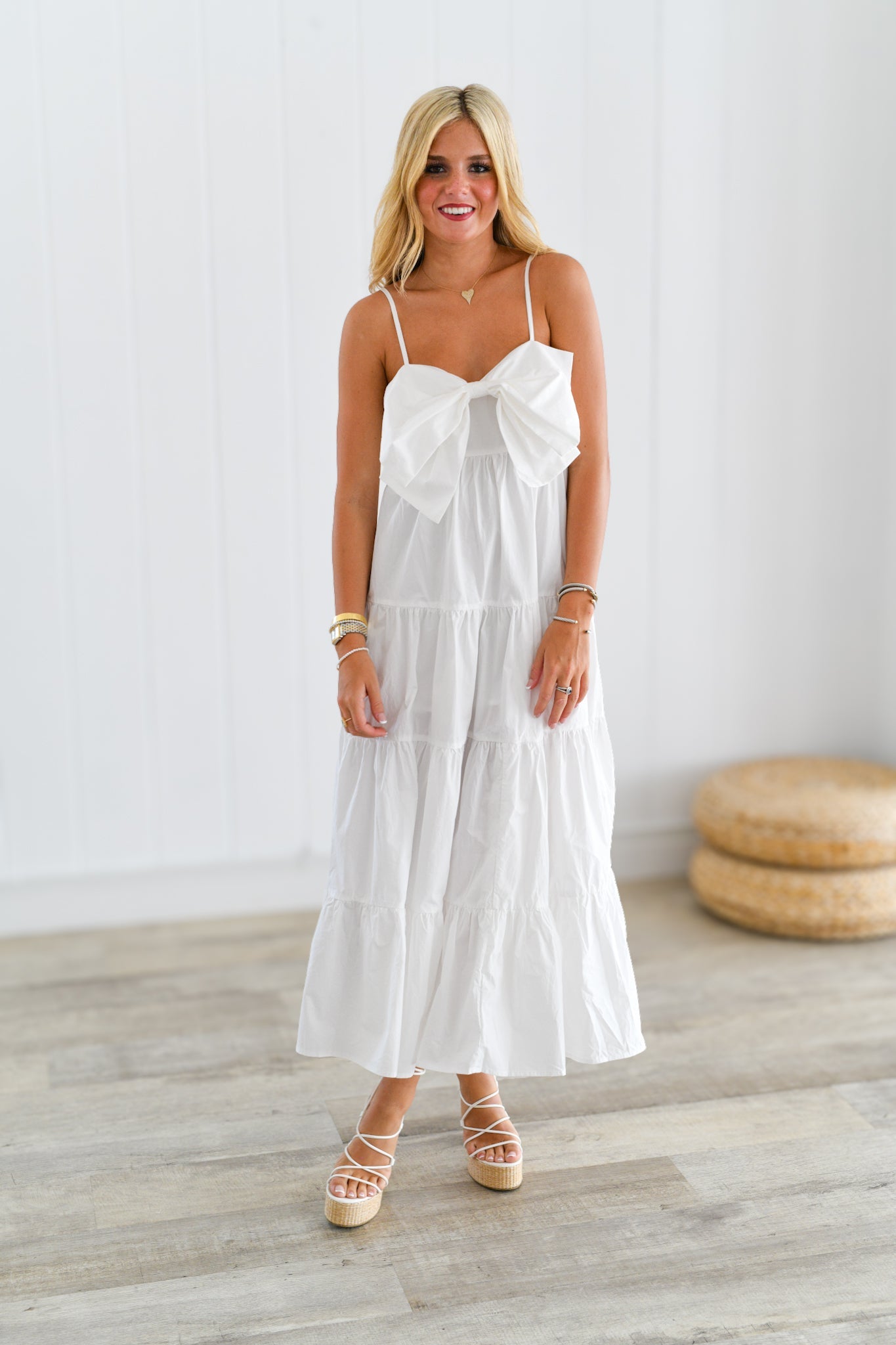 Riley Bow Midi Dress - Off White