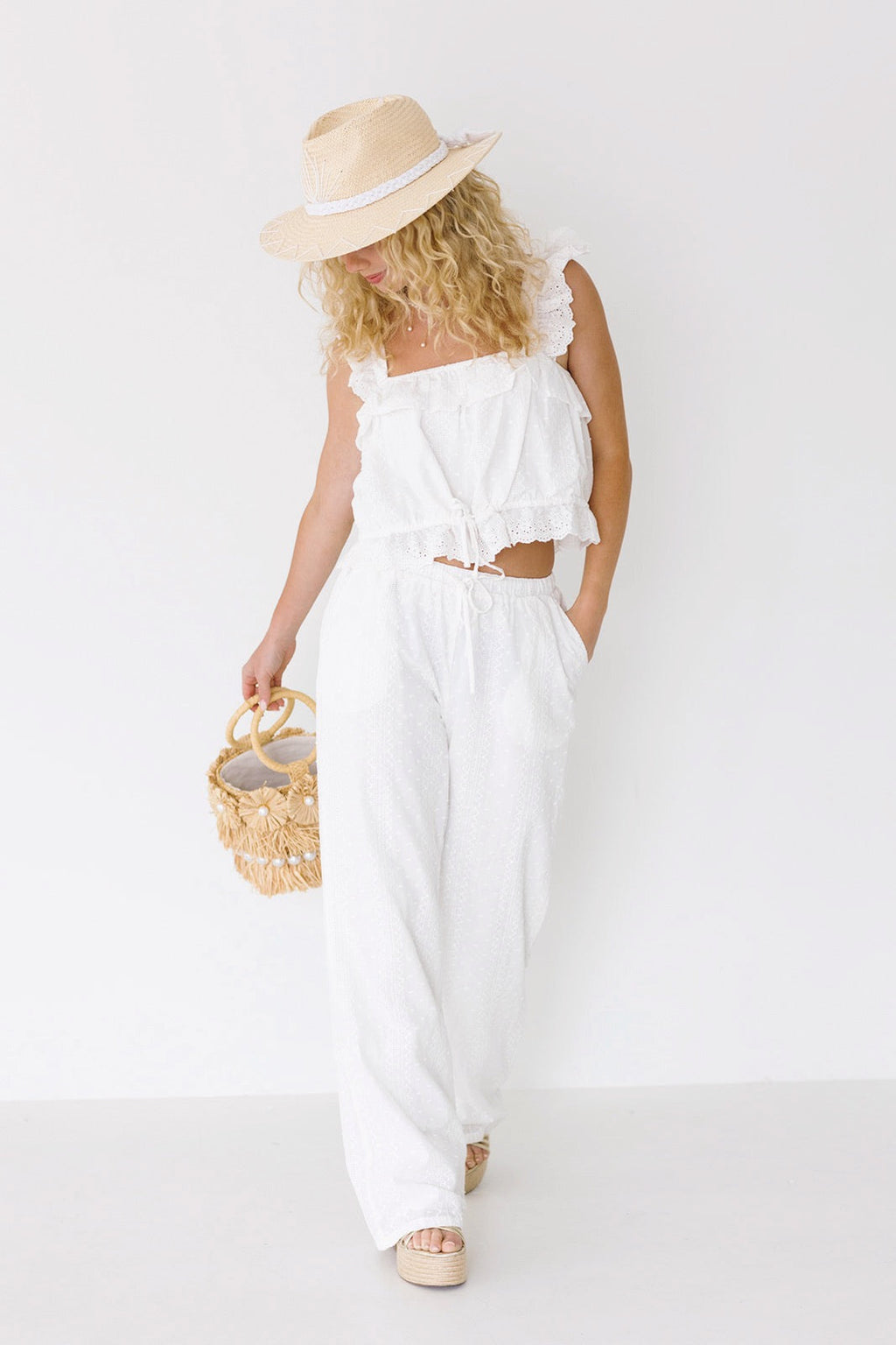 Mindy Eyelet Tank and Pant Set- Off White