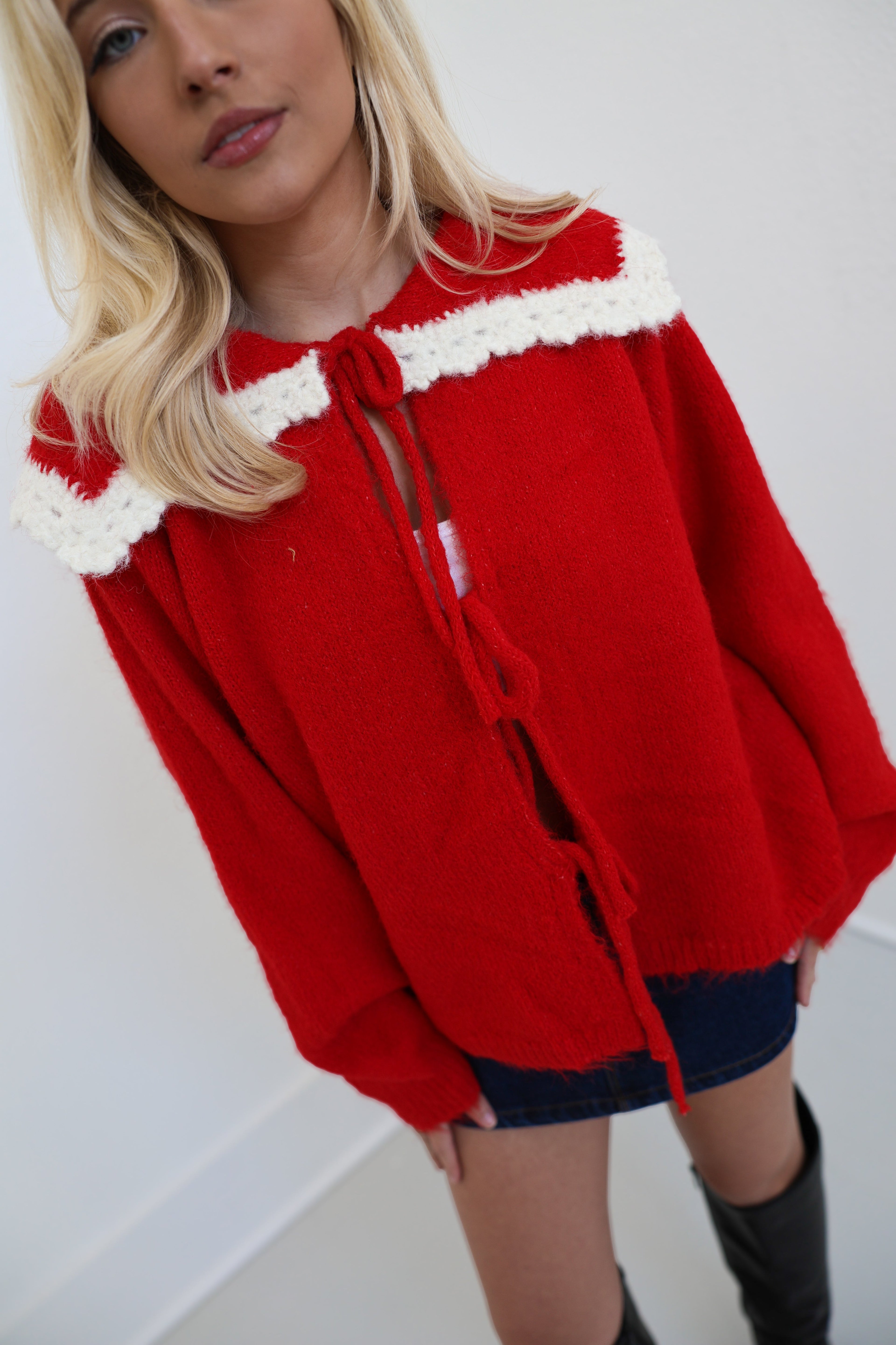 Lana Wide Collared Tie Knit Sweater Top - Cherry Red