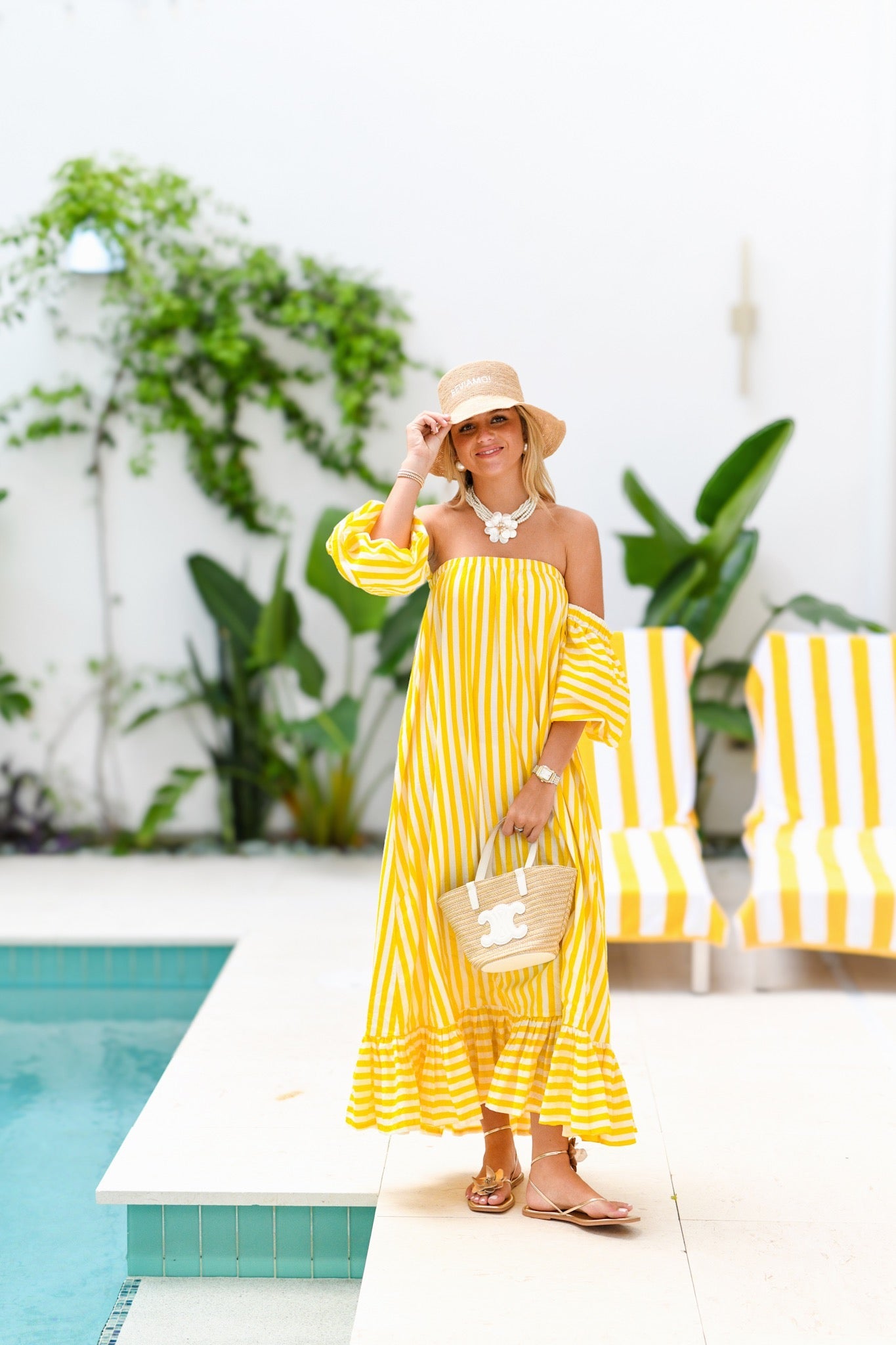Ciara Strapless Bubble Sleeve Maxi Dress - Yellow Stripes
