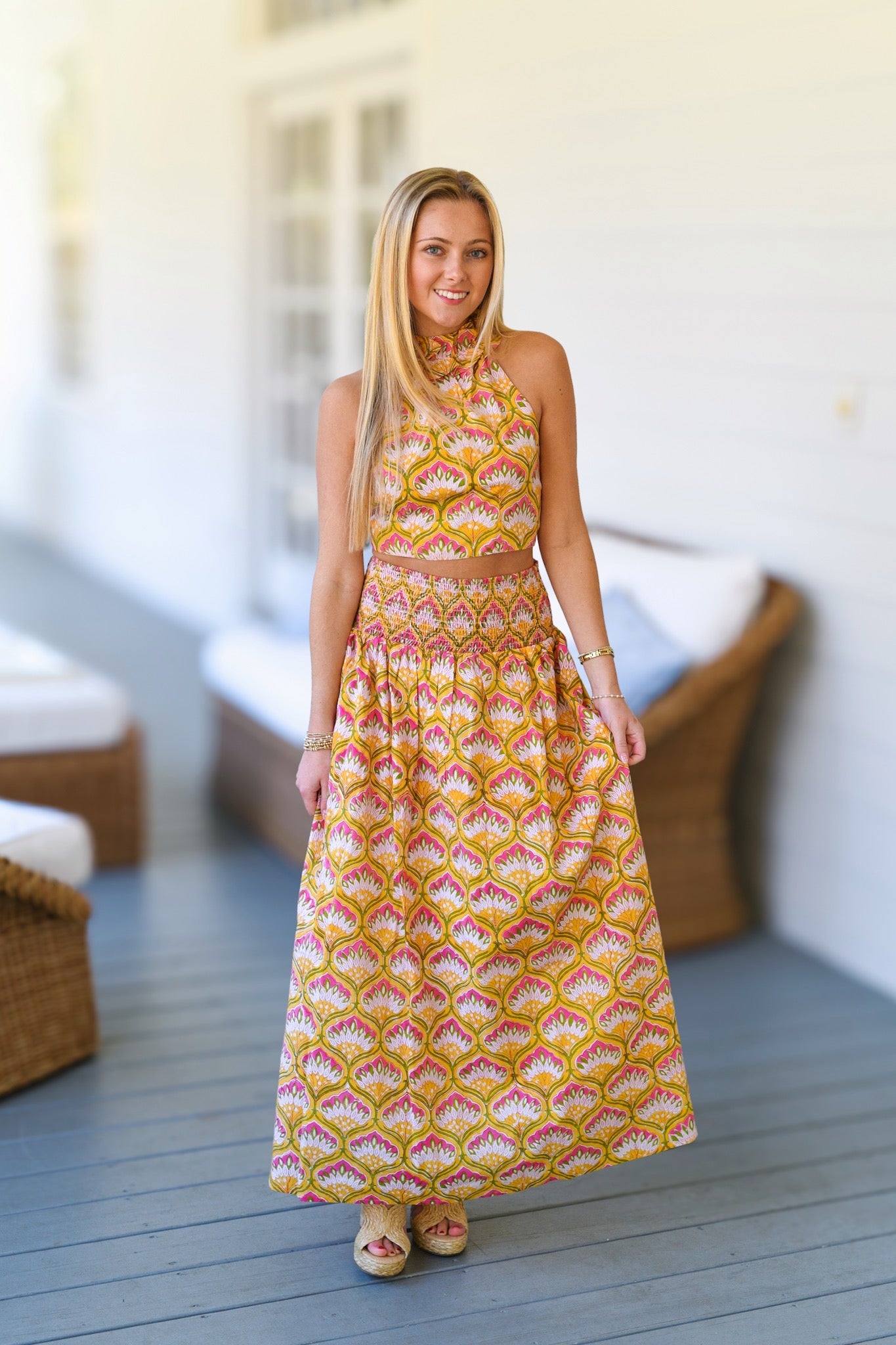 Lola Blockprint Ruffle Skirt Top Set - Yellow