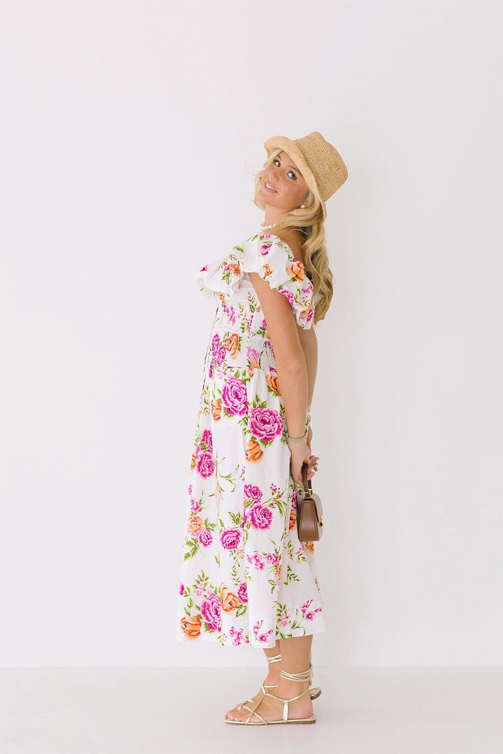 Vivian Off The Shoulder Midi Dress - White Floral