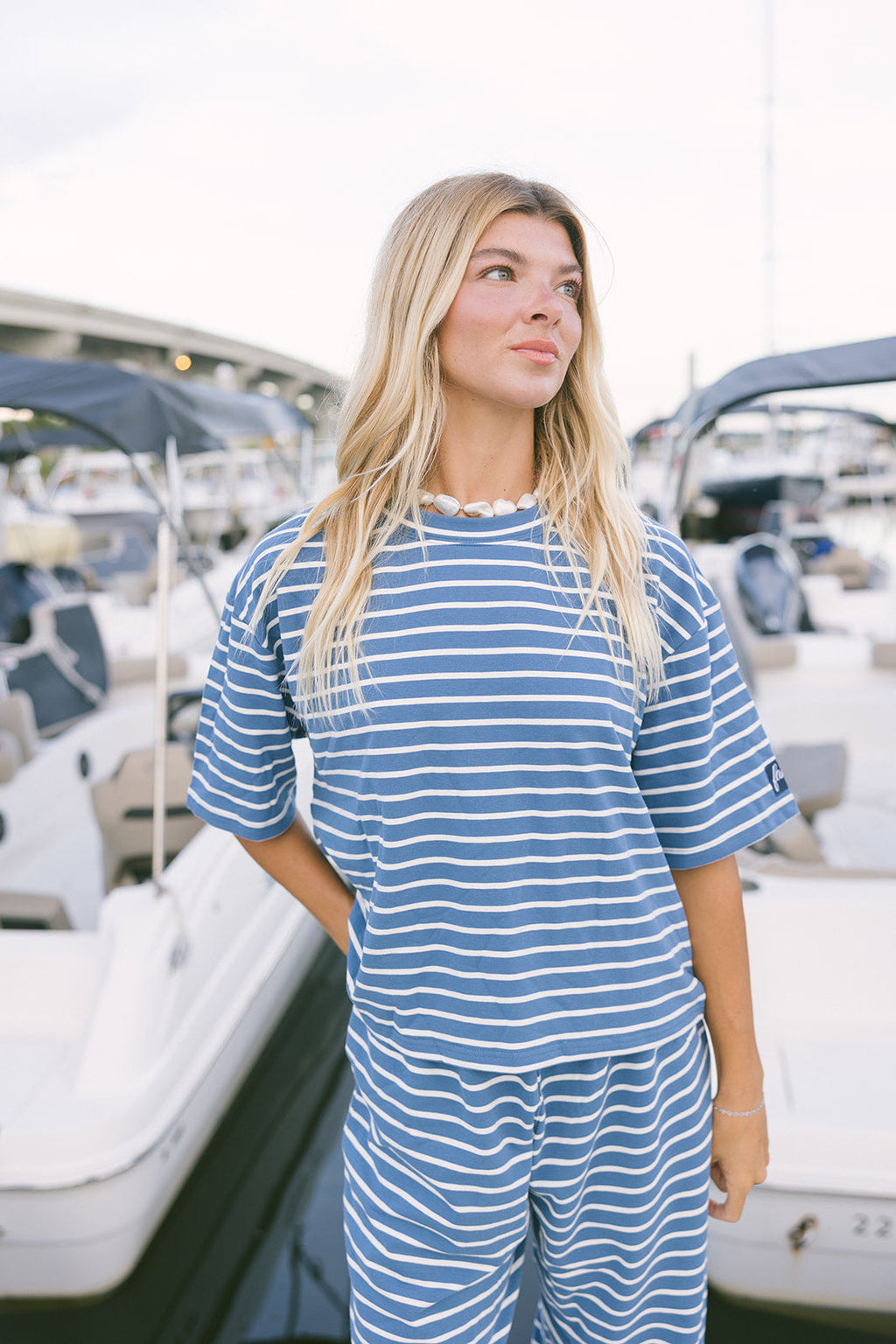 Fancy Striped Oversized Short Sleeve Top - Malibu Blue