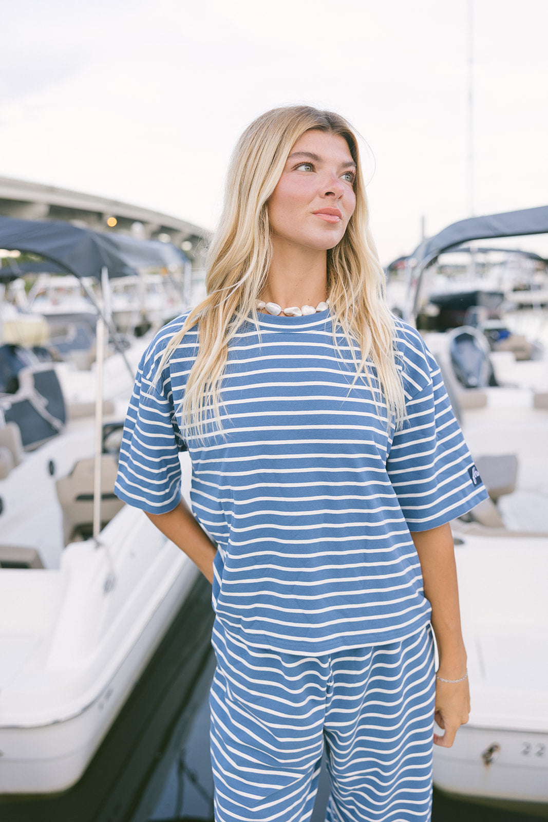 Fancy Striped Oversized Short Sleeve Top - Malibu Blue
