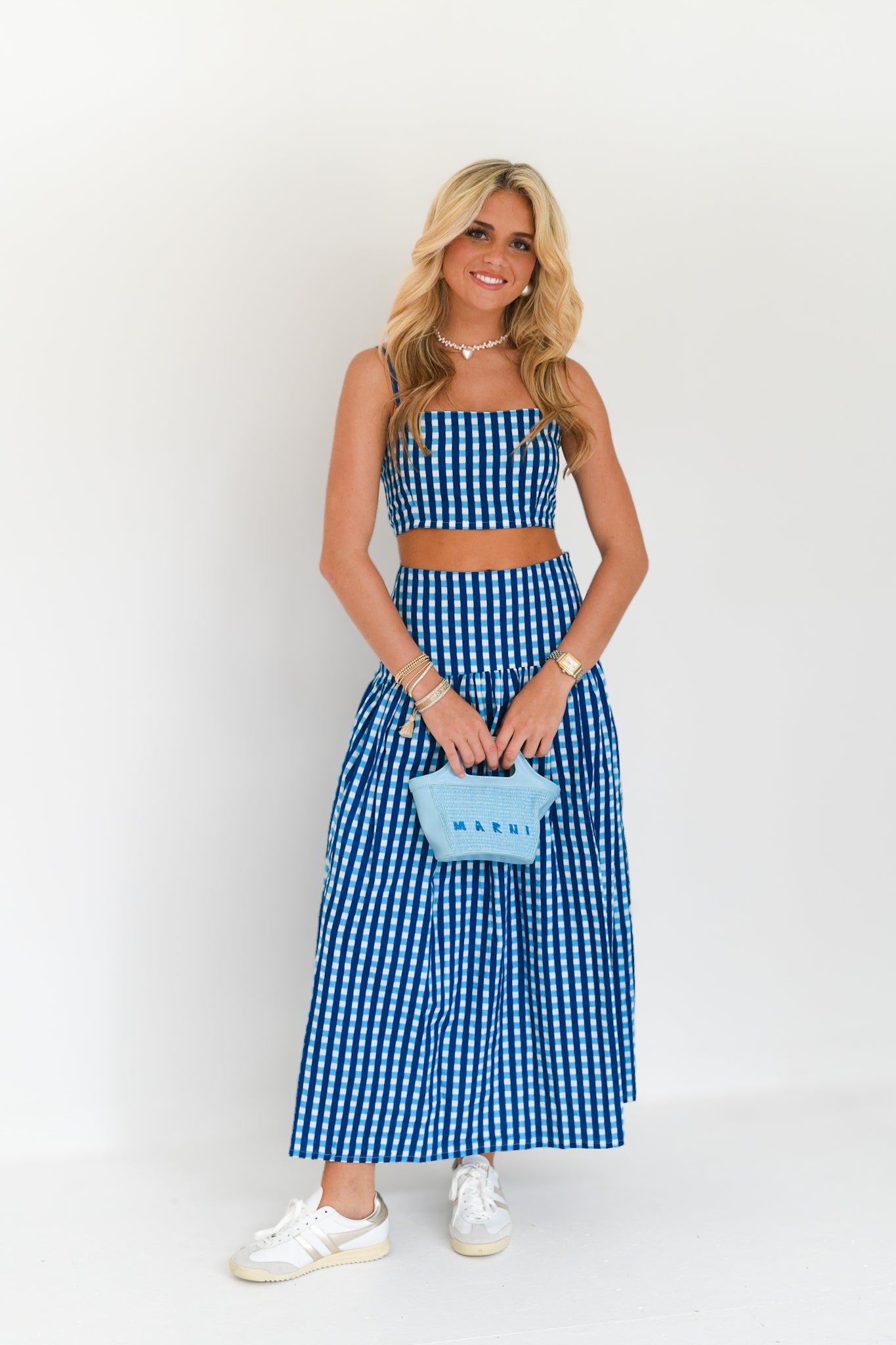 Roslyn Maxi Skirt Set - Navy/Baby Blue Gingham