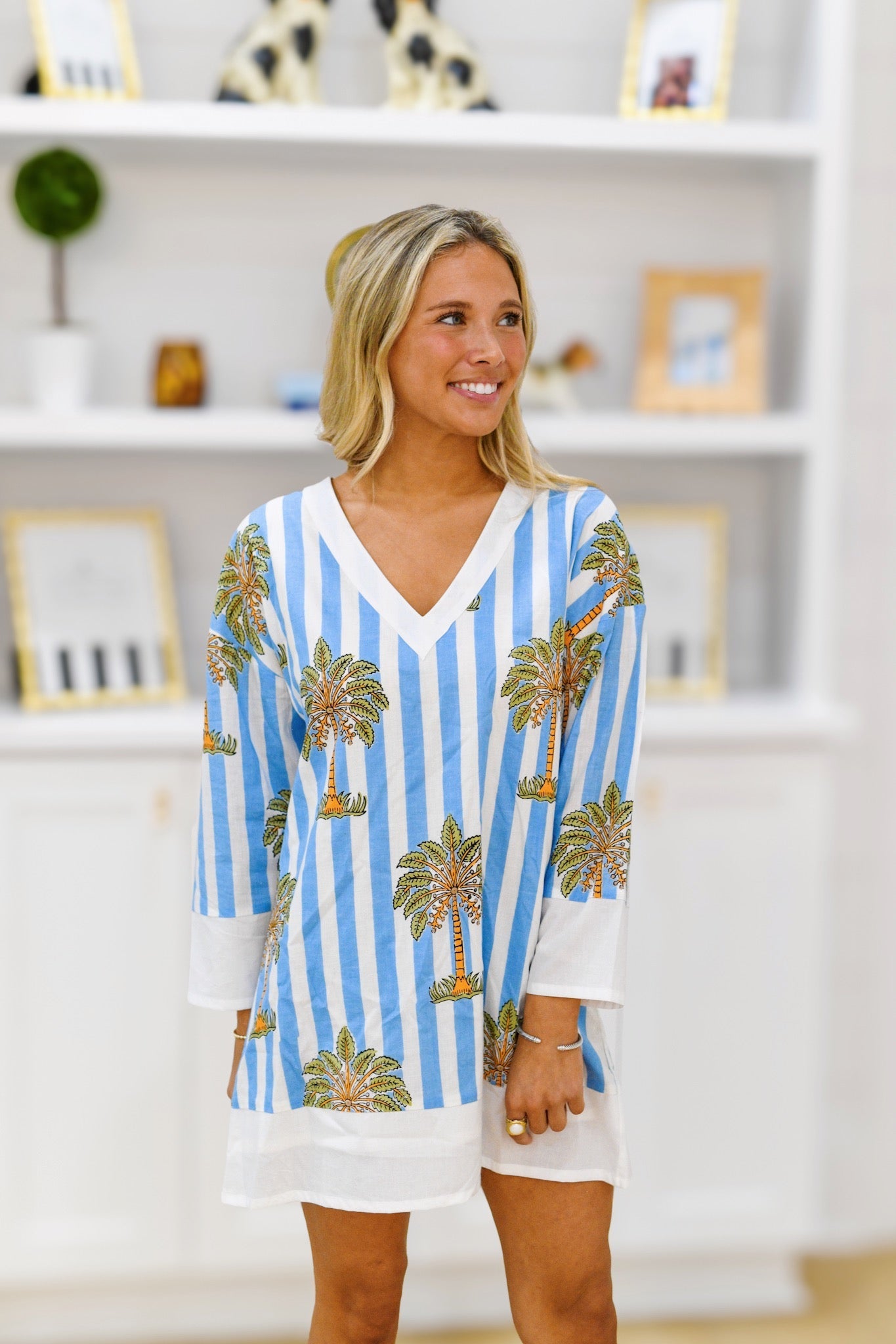 Gabby Mini Kaftan Dress - Baby Blue/White Palm
