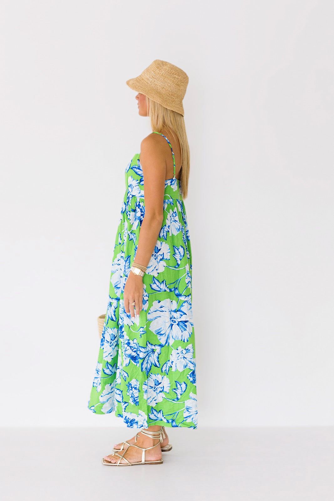 Hannah Floral Midi Dress - Green/White/Blue