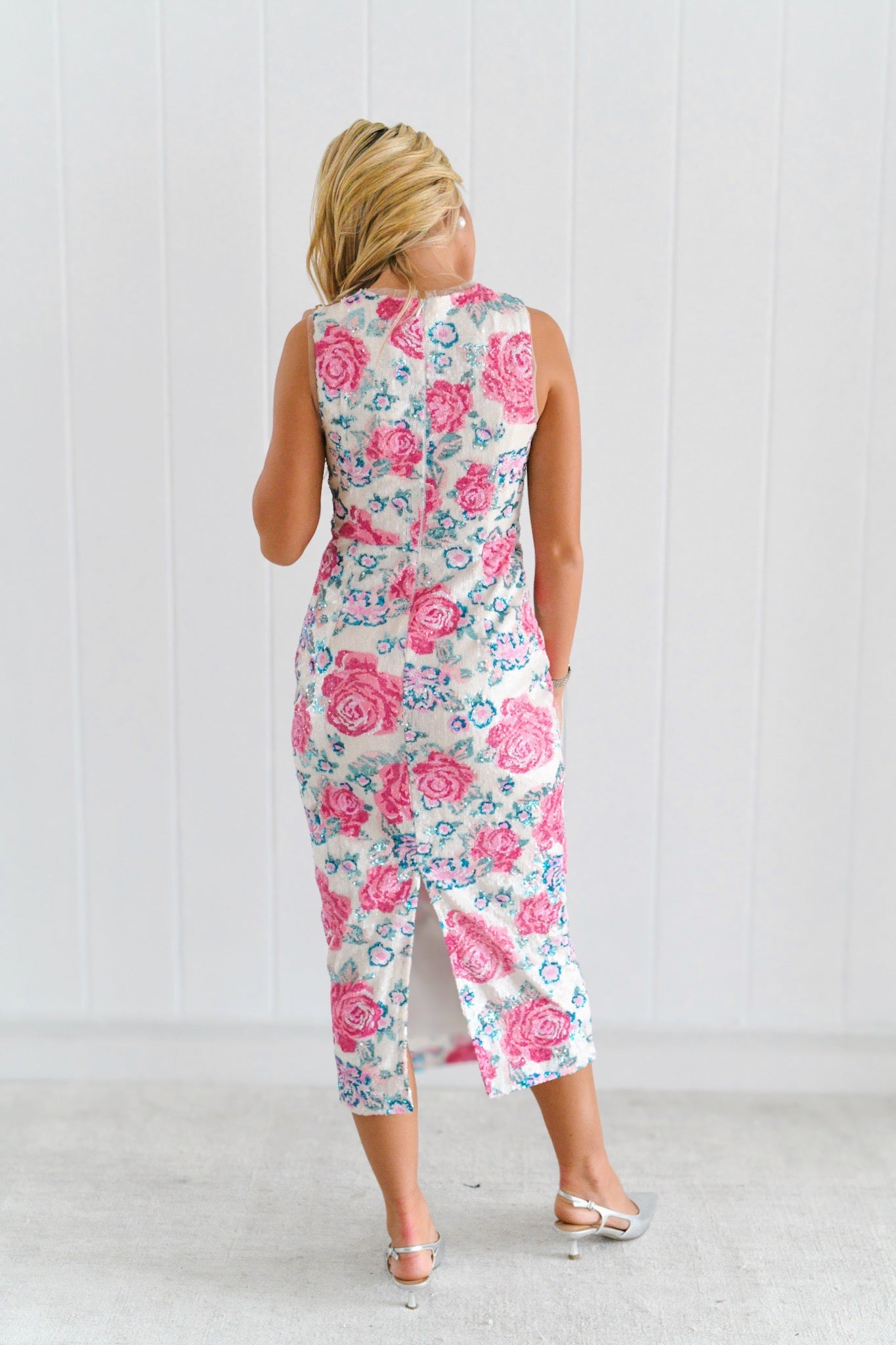 Marzia Floral Sequin Sleeveless Midi Dress - Pink