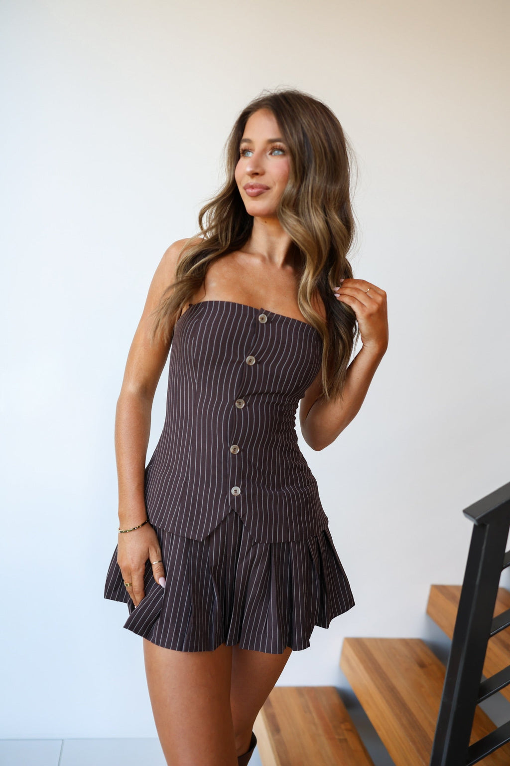 Alexis Pinstripe Mini Dress - Espresso