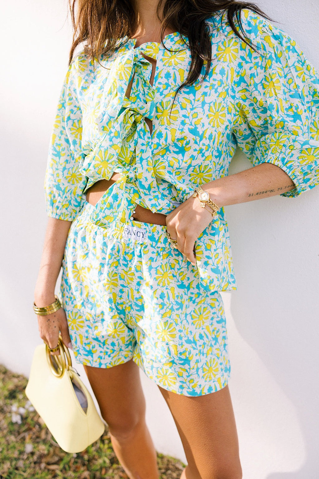 Dani Tie Front and Shorts Set - Teal/Lime