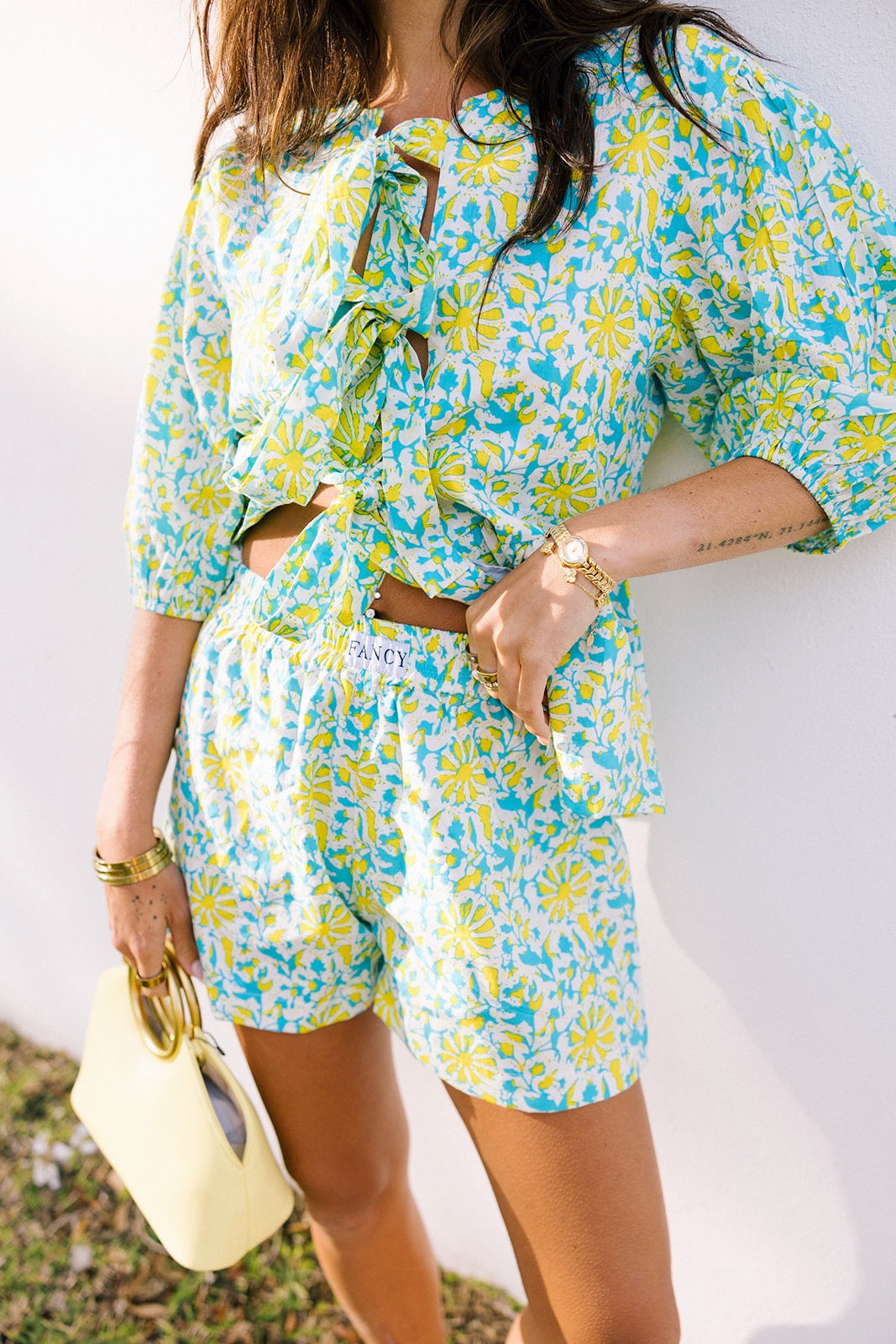 Dani Tie Front and Shorts Set - Teal/Lime