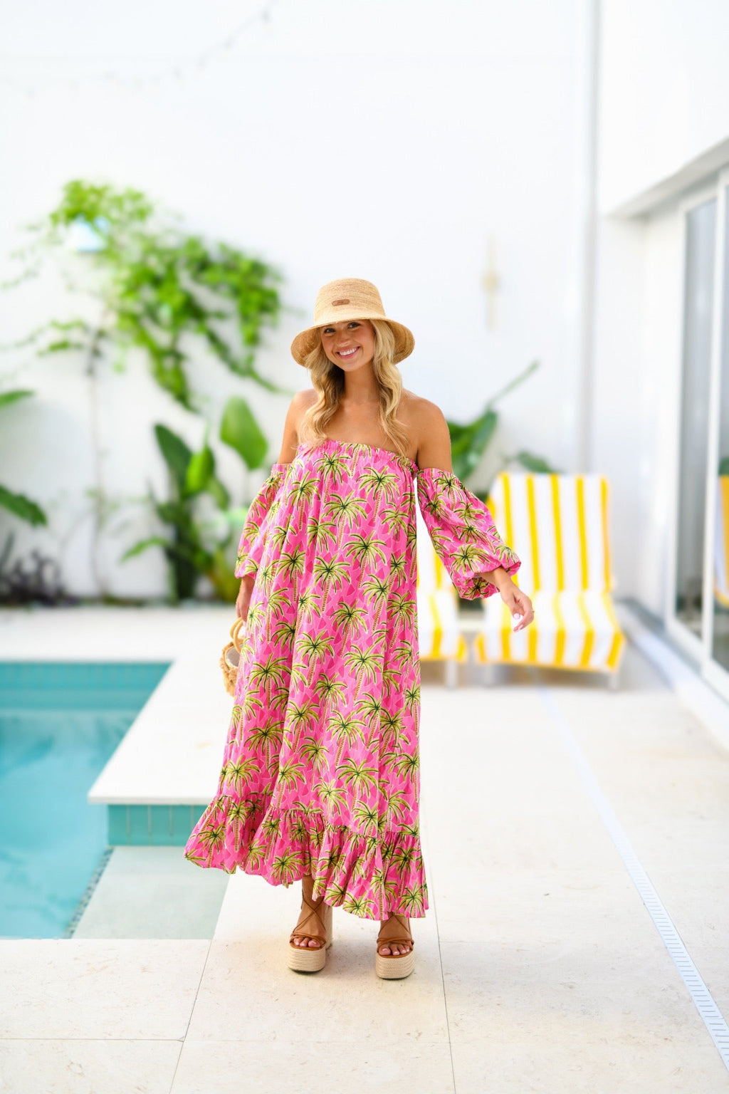 Polly Strapless Bubble Sleeve Maxi Dress - Pink Palm