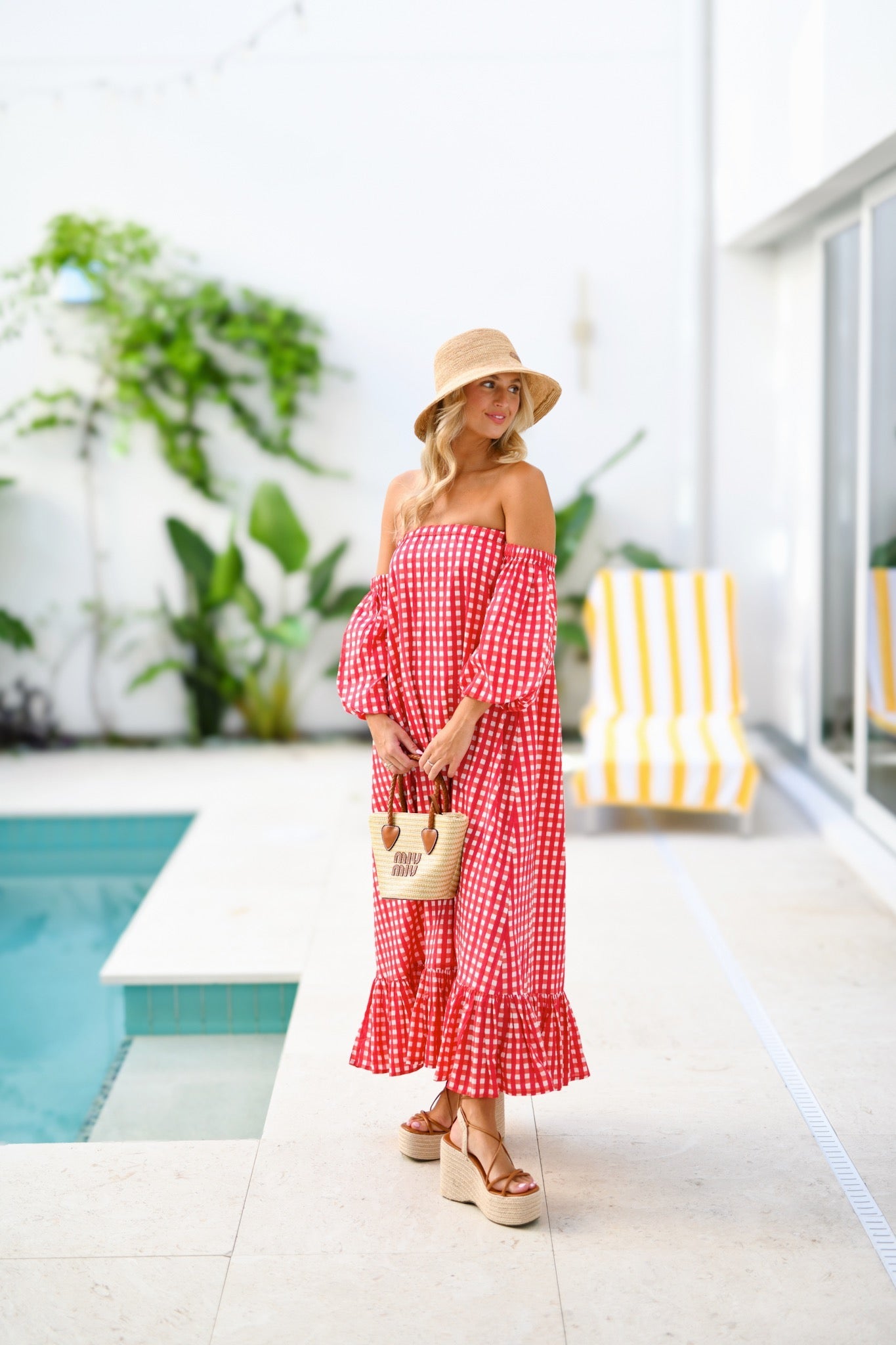 Rylie Strapless Bubble Sleeve Maxi Dress - Red Gingham
