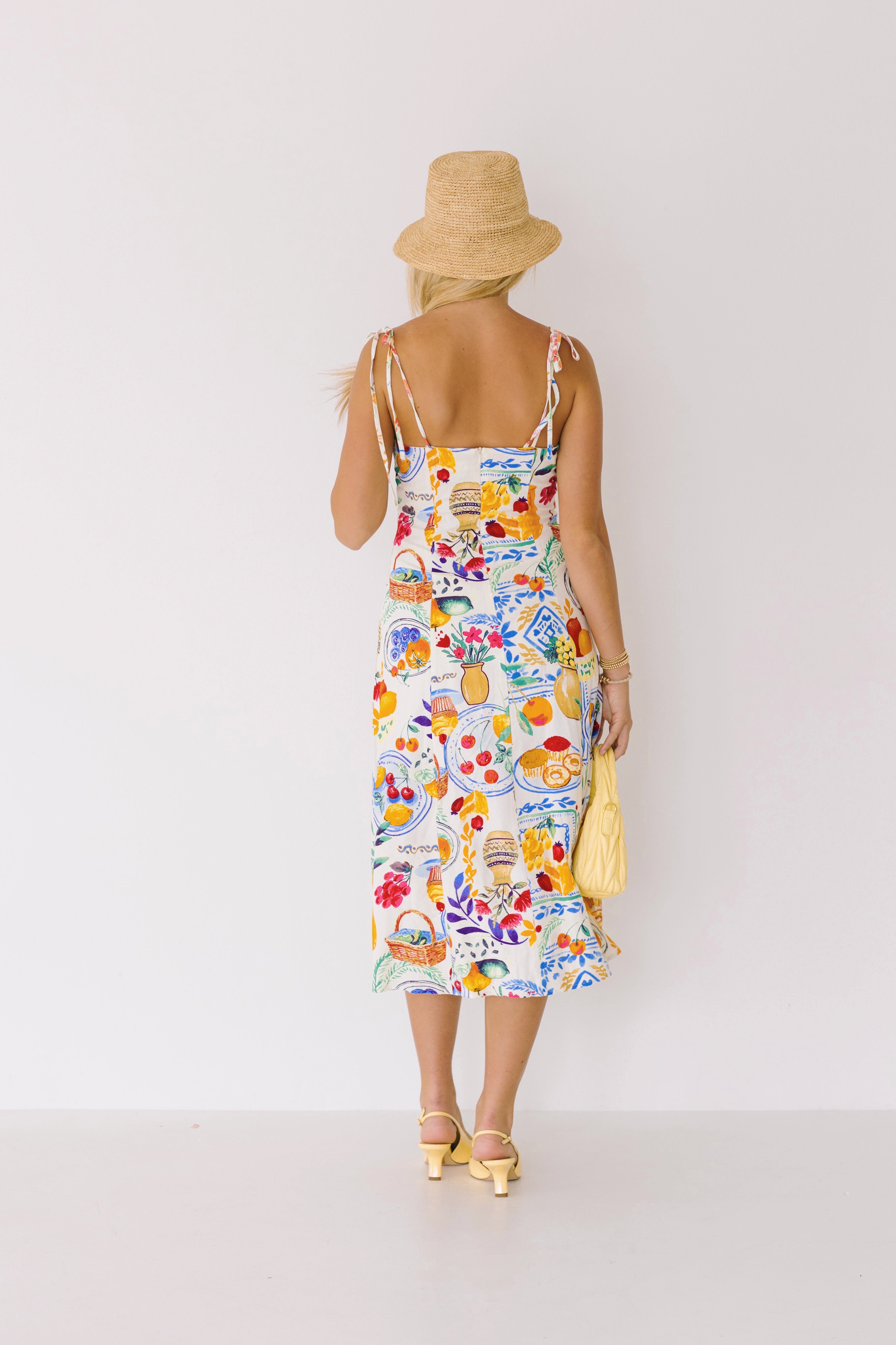 Ellie Shoulder Tie Midi Dress - Cream/Multi