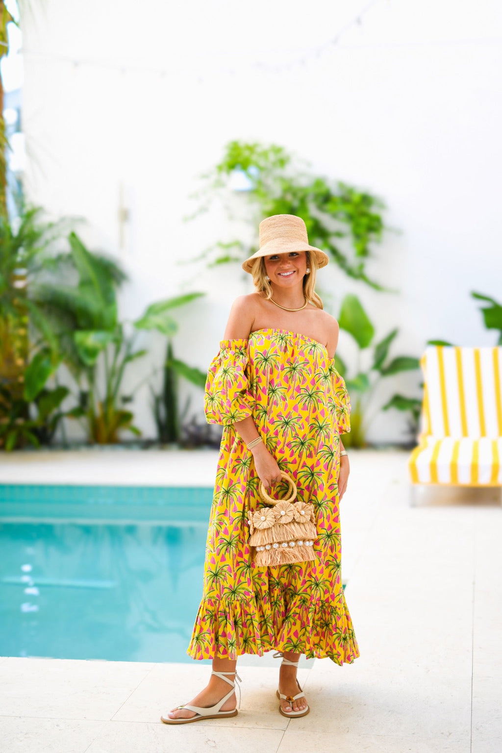 Yasmine Strapless Bubble Sleeve Maxi Dress - Yellow Palm