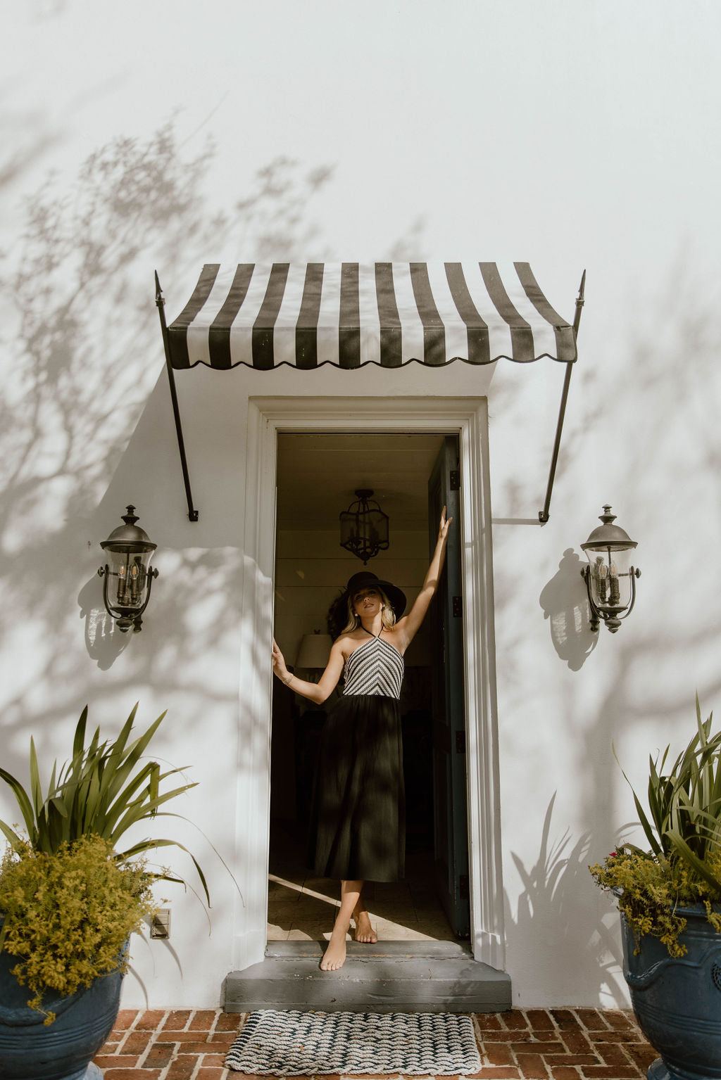 Lilly Halter Neck Stripe Crochet Midi Dress - Cream/Black
