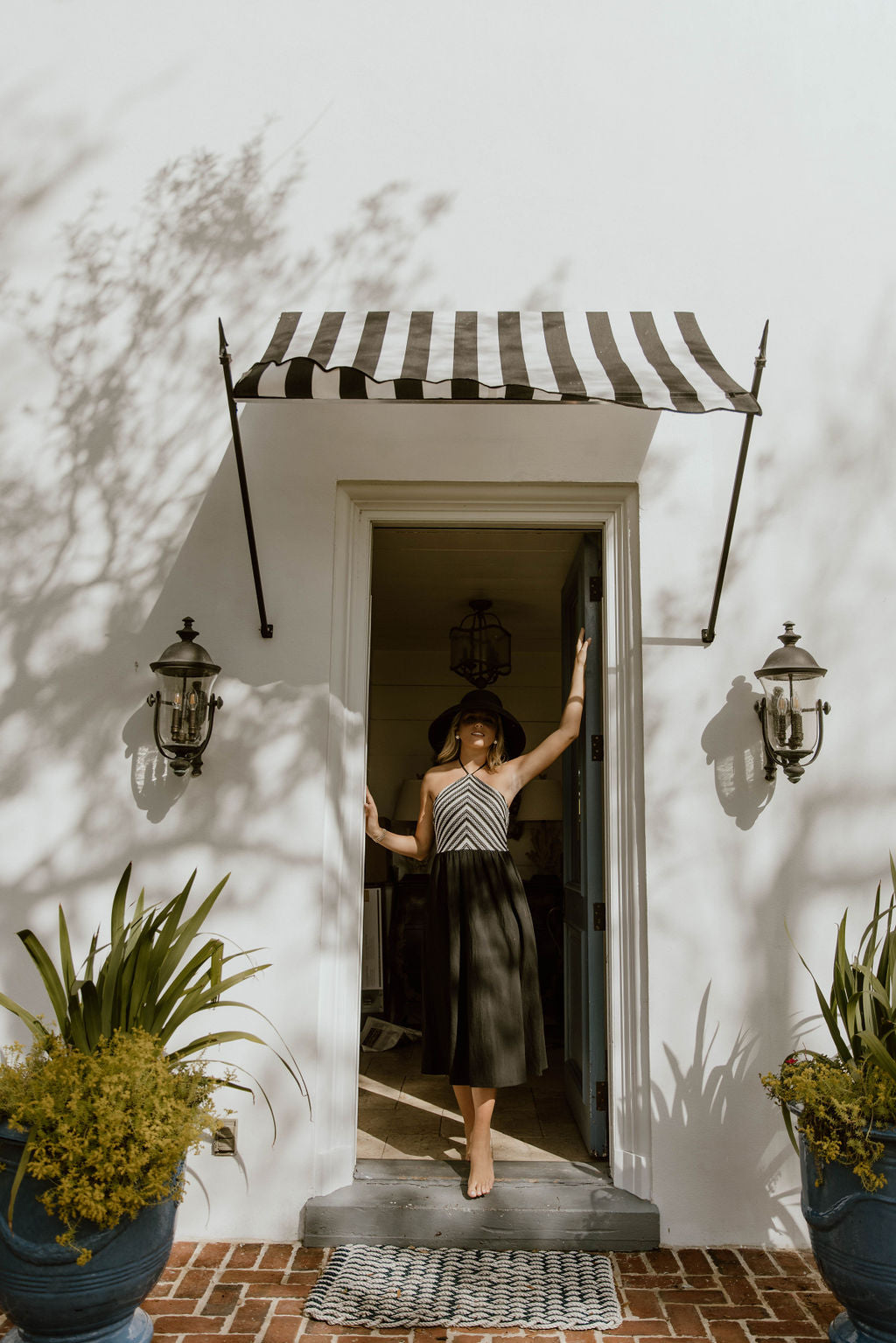 Lilly Halter Neck Stripe Crochet Midi Dress - Cream/Black