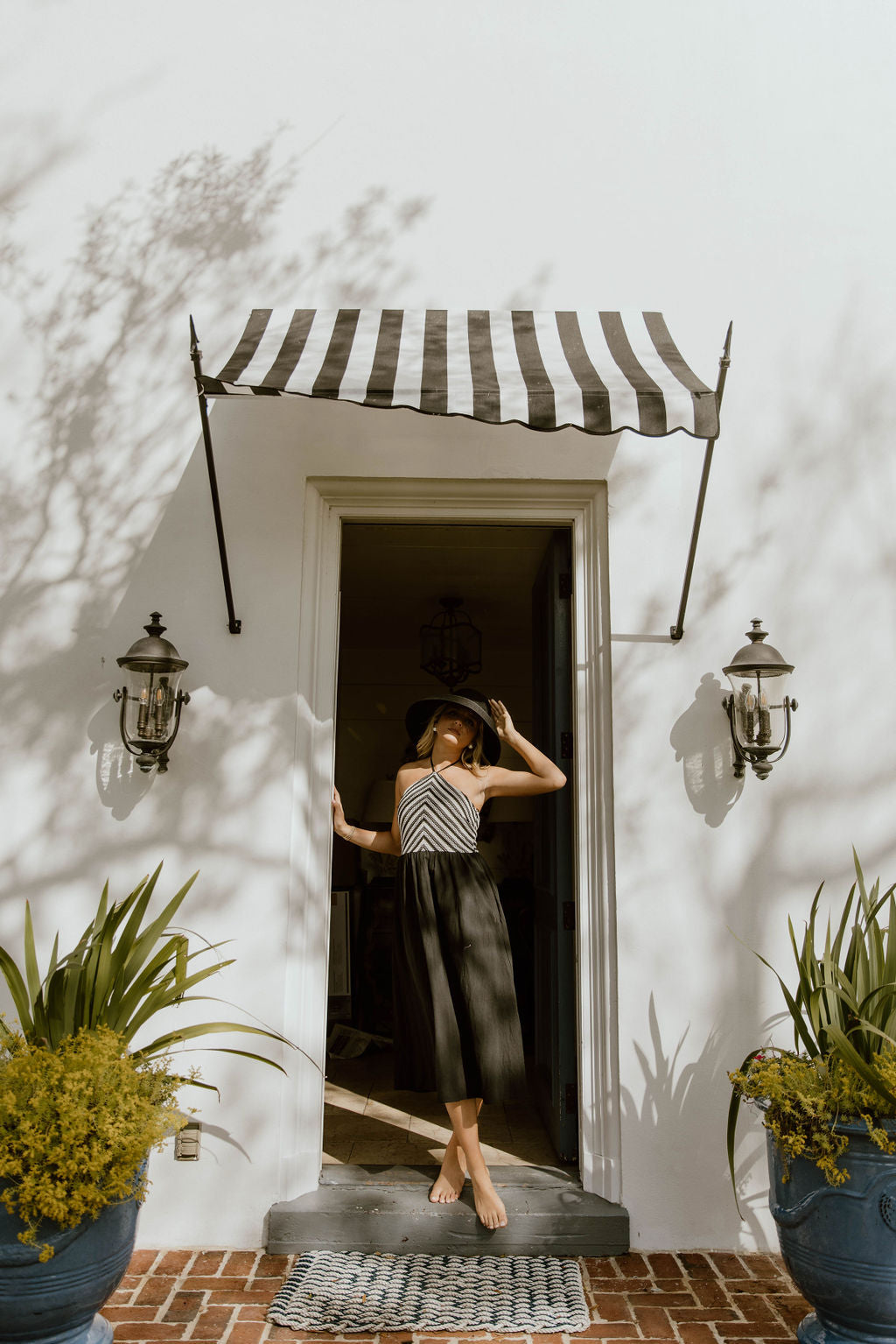 Lilly Halter Neck Stripe Crochet Midi Dress - Cream/Black