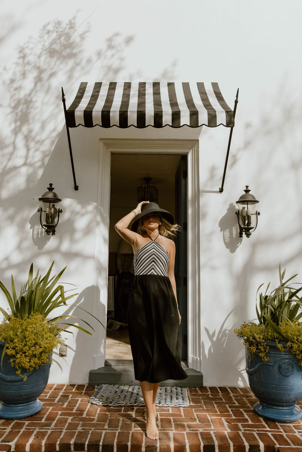Lilly Halter Neck Stripe Crochet Midi Dress - Cream/Black