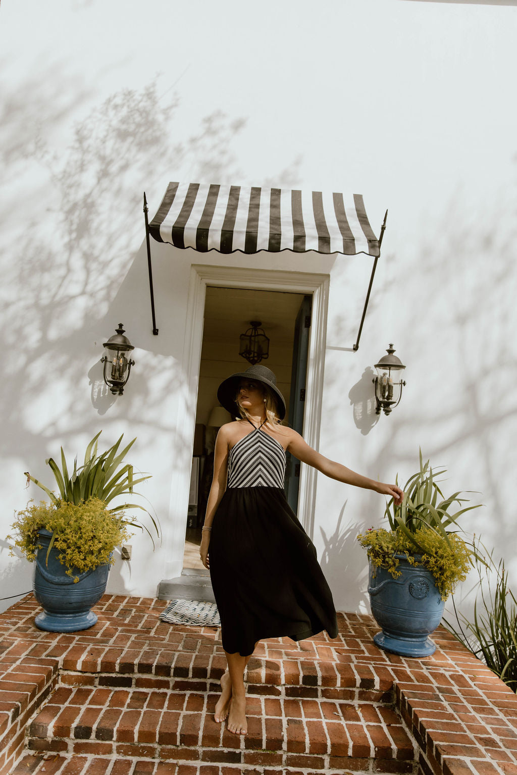 Lilly Halter Neck Stripe Crochet Midi Dress - Cream/Black