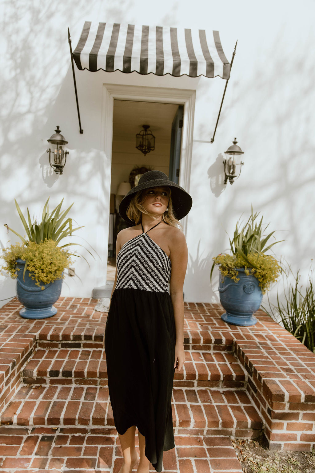 Lilly Halter Neck Stripe Crochet Midi Dress - Cream/Black