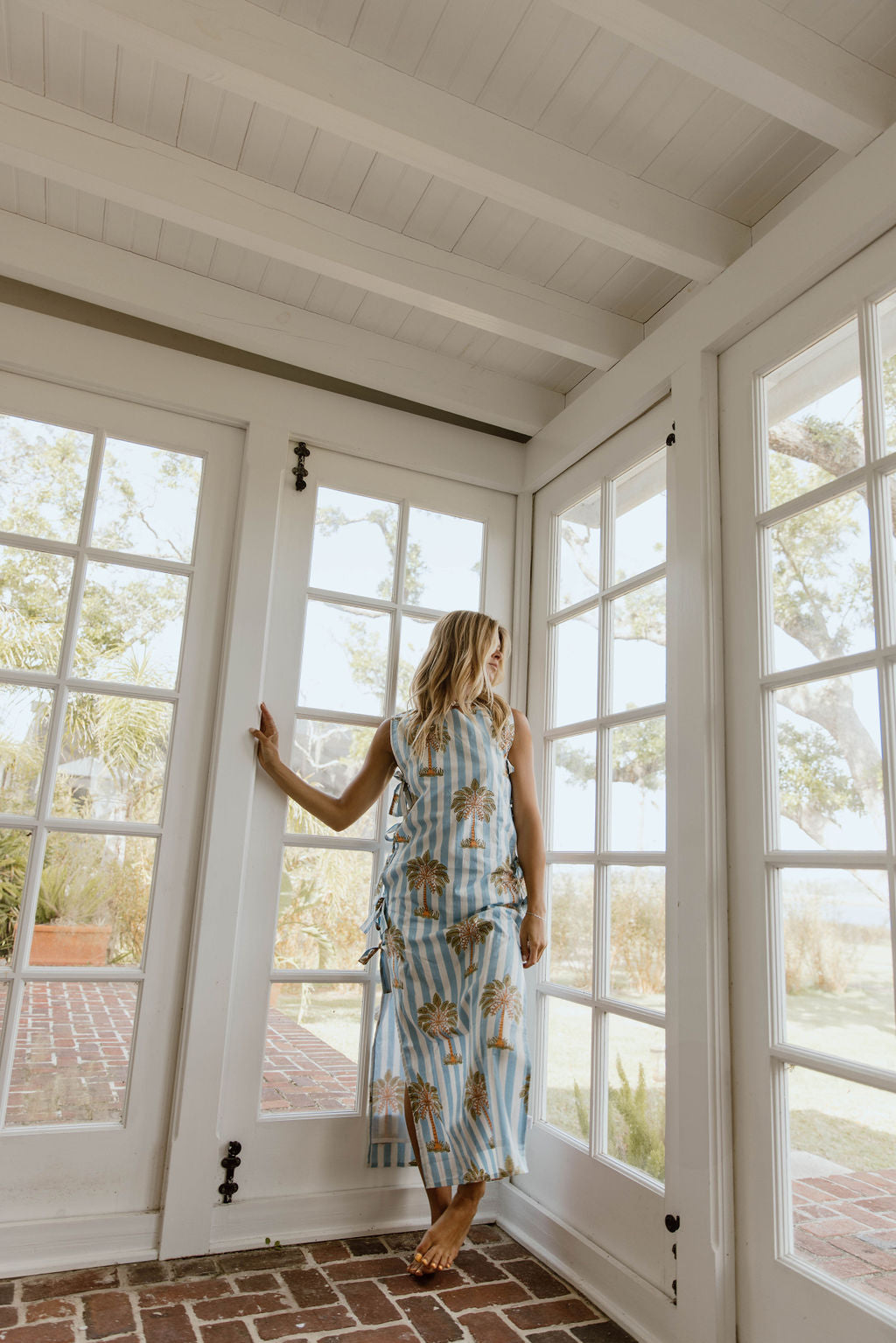 Cleo Side Bow Maxi Set - Blue/White Palm