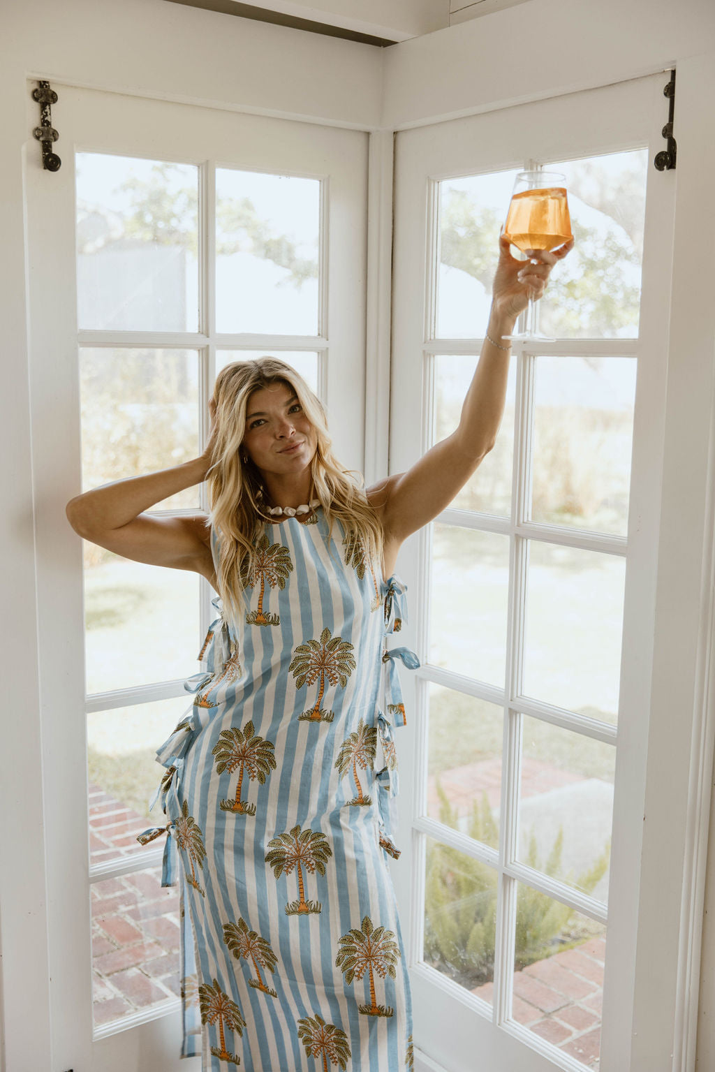 Cleo Side Bow Maxi Set - Blue/White Palm