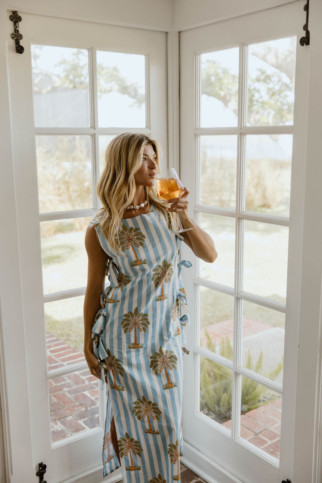 Cleo Side Bow Maxi Set - Blue/White Palm