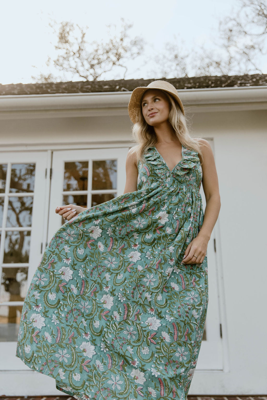 Miranda Floral Maxi Frill Dress - Teal/Pink