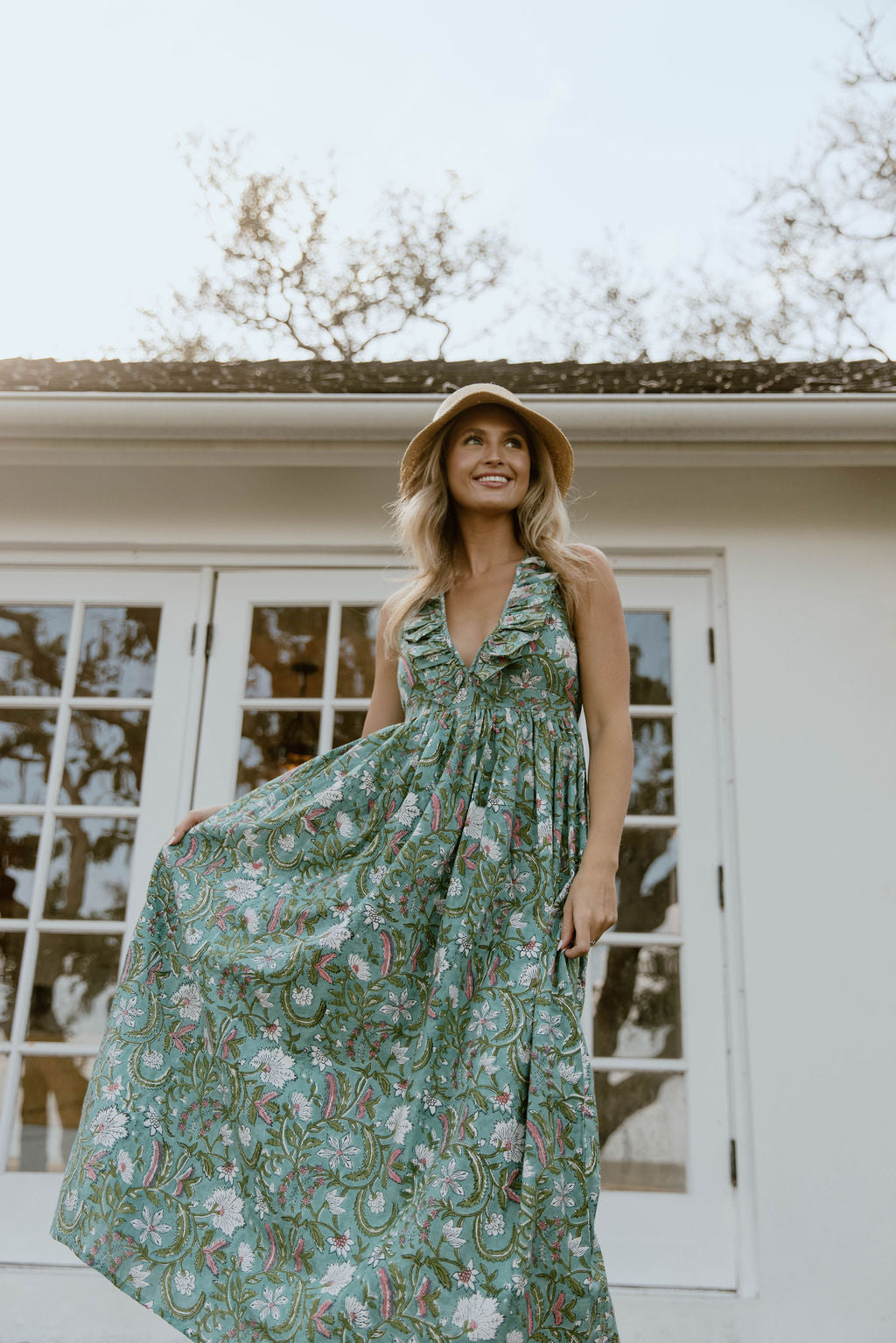 Miranda Floral Maxi Frill Dress - Teal/Pink