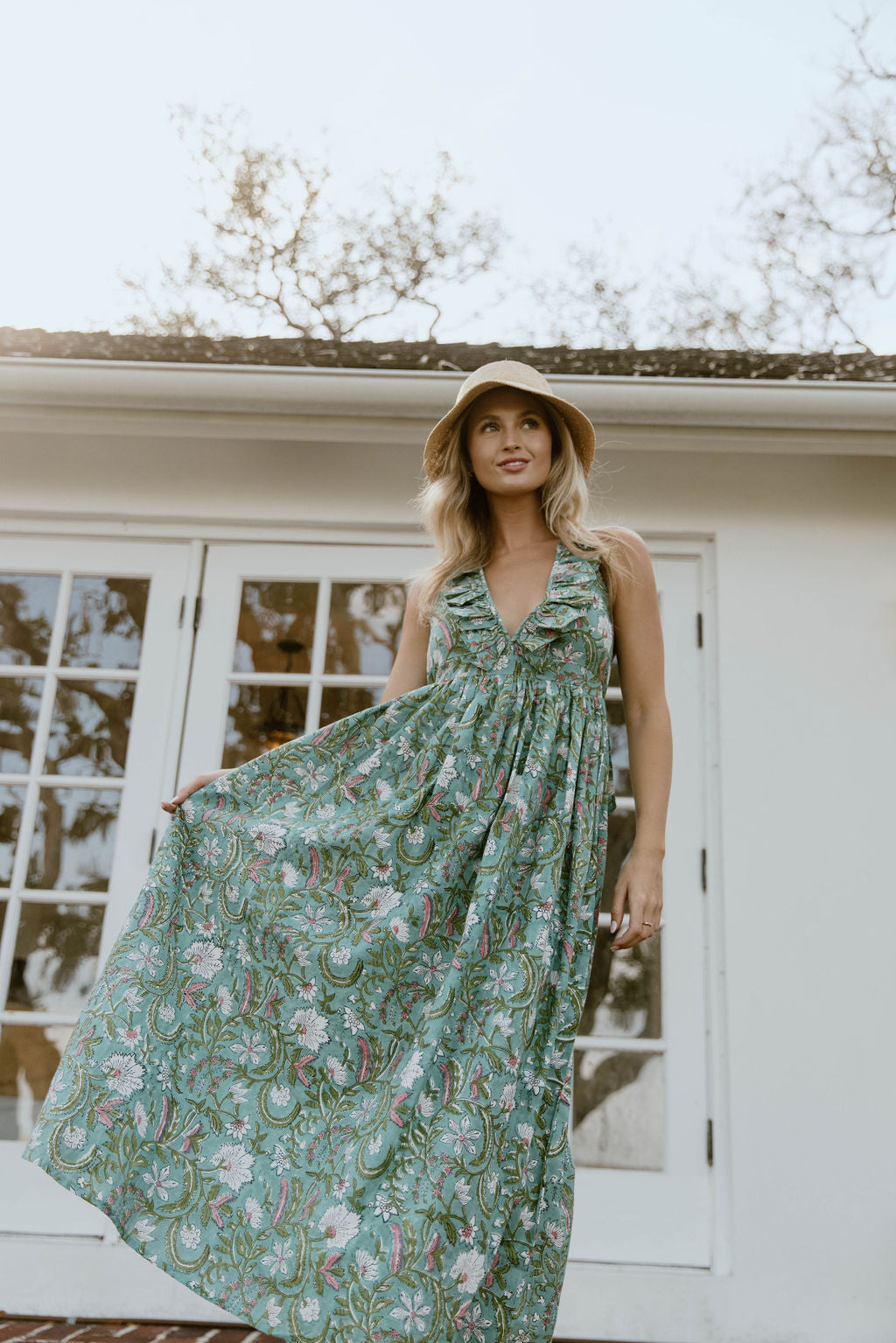 Miranda Floral Maxi Frill Dress - Teal/Pink