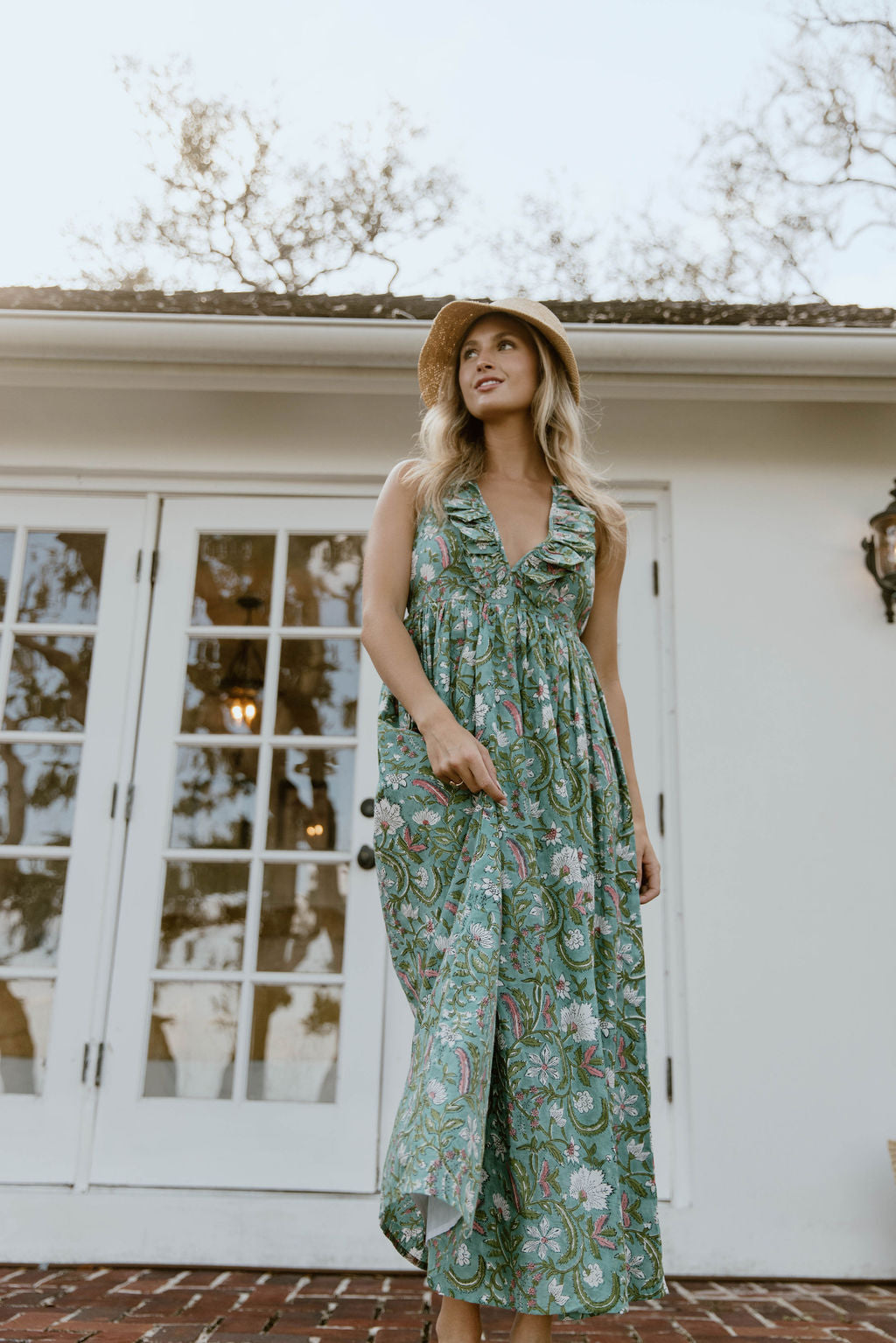 Miranda Floral Maxi Frill Dress - Teal/Pink