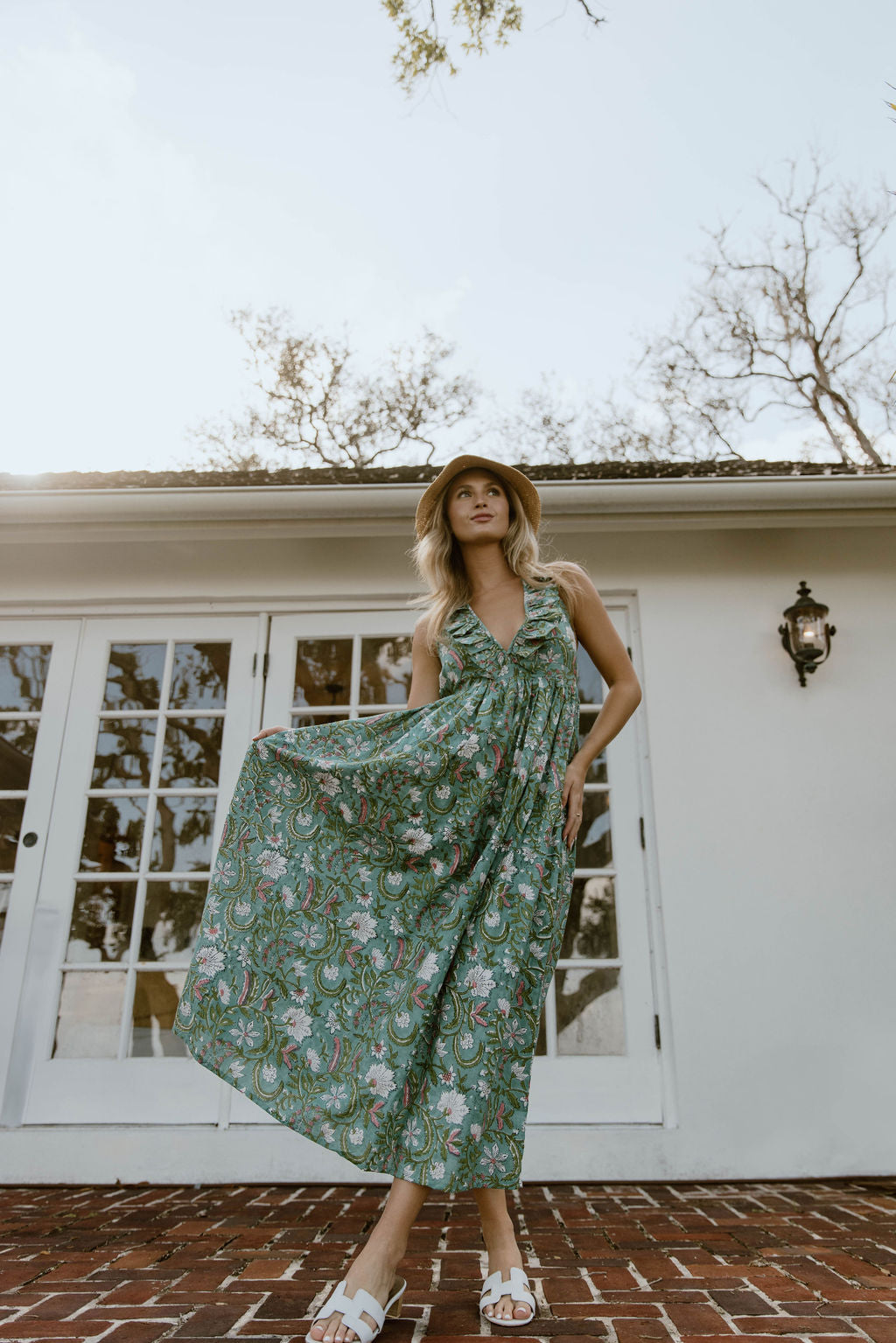 Miranda Floral Maxi Frill Dress - Teal/Pink