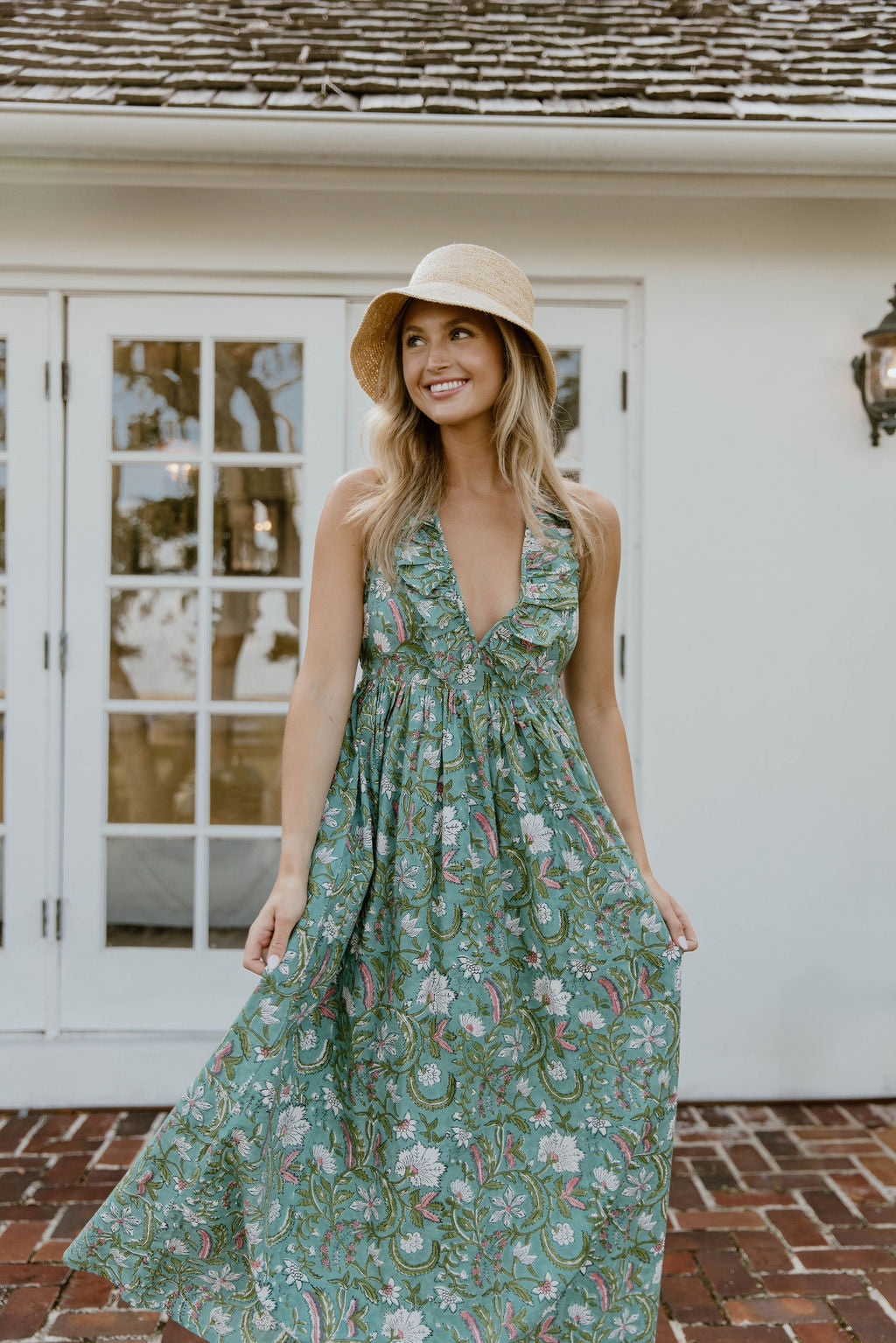 Miranda Floral Maxi Frill Dress - Teal/Pink