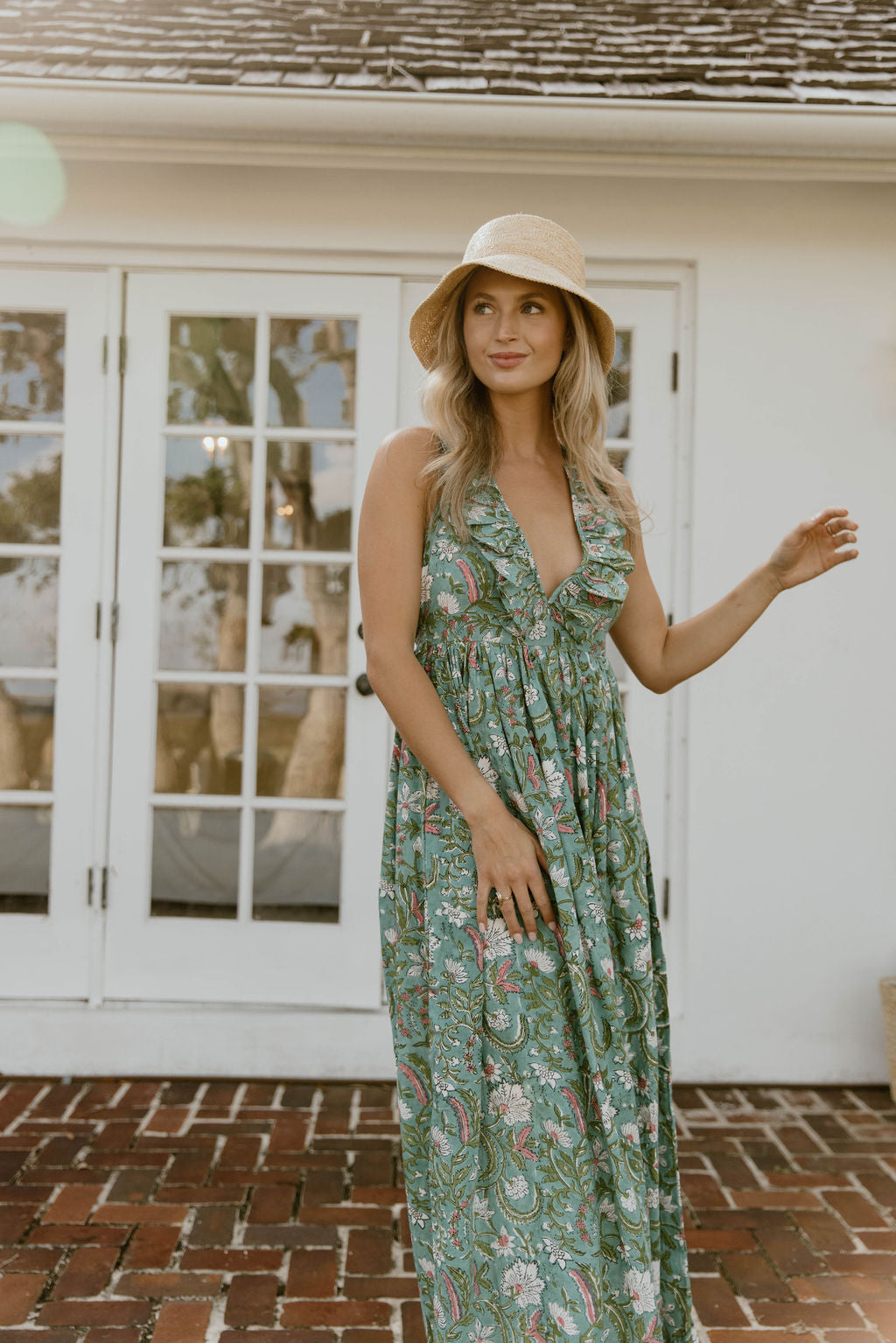 Miranda Floral Maxi Frill Dress - Teal/Pink