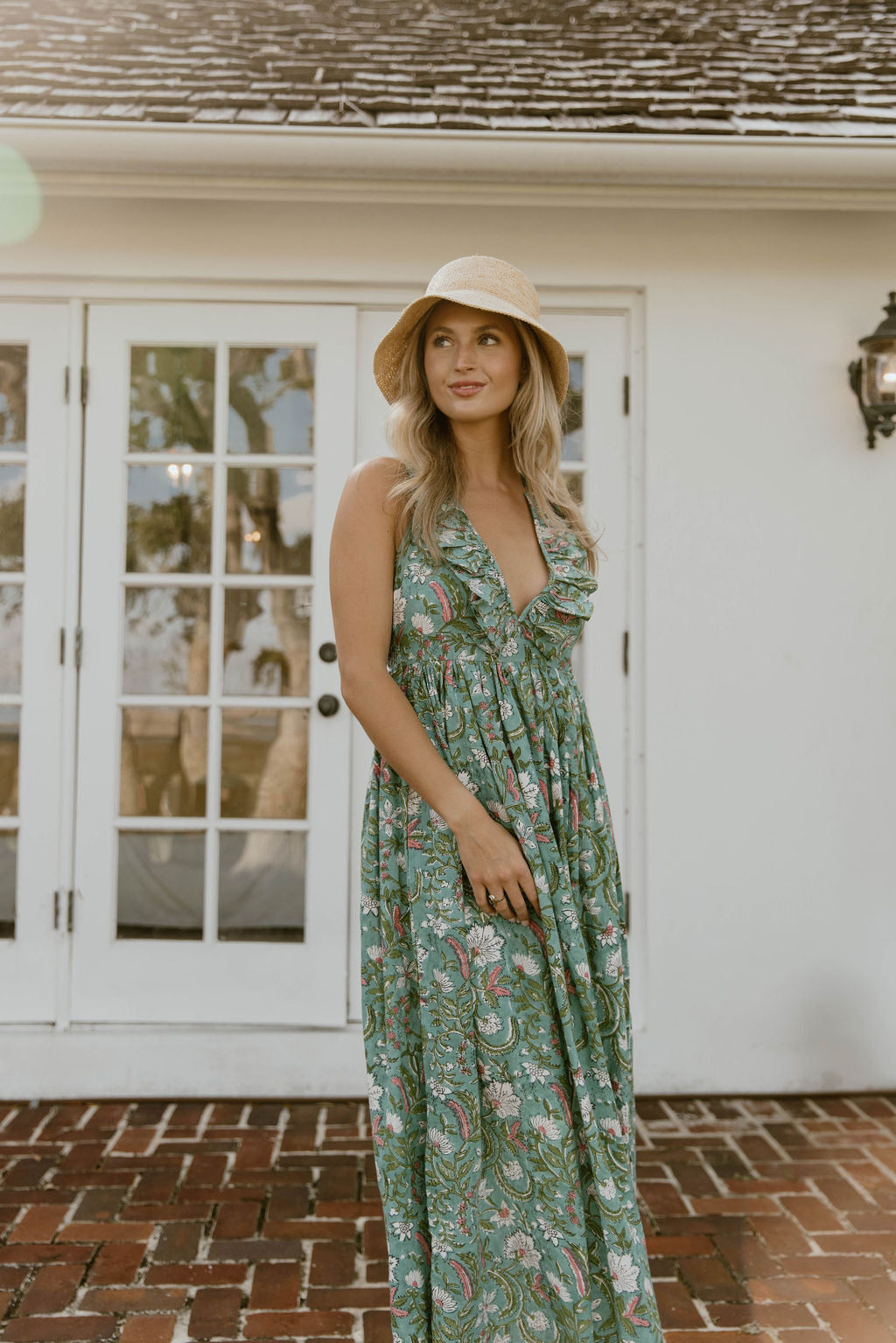 Miranda Floral Maxi Frill Dress - Teal/Pink