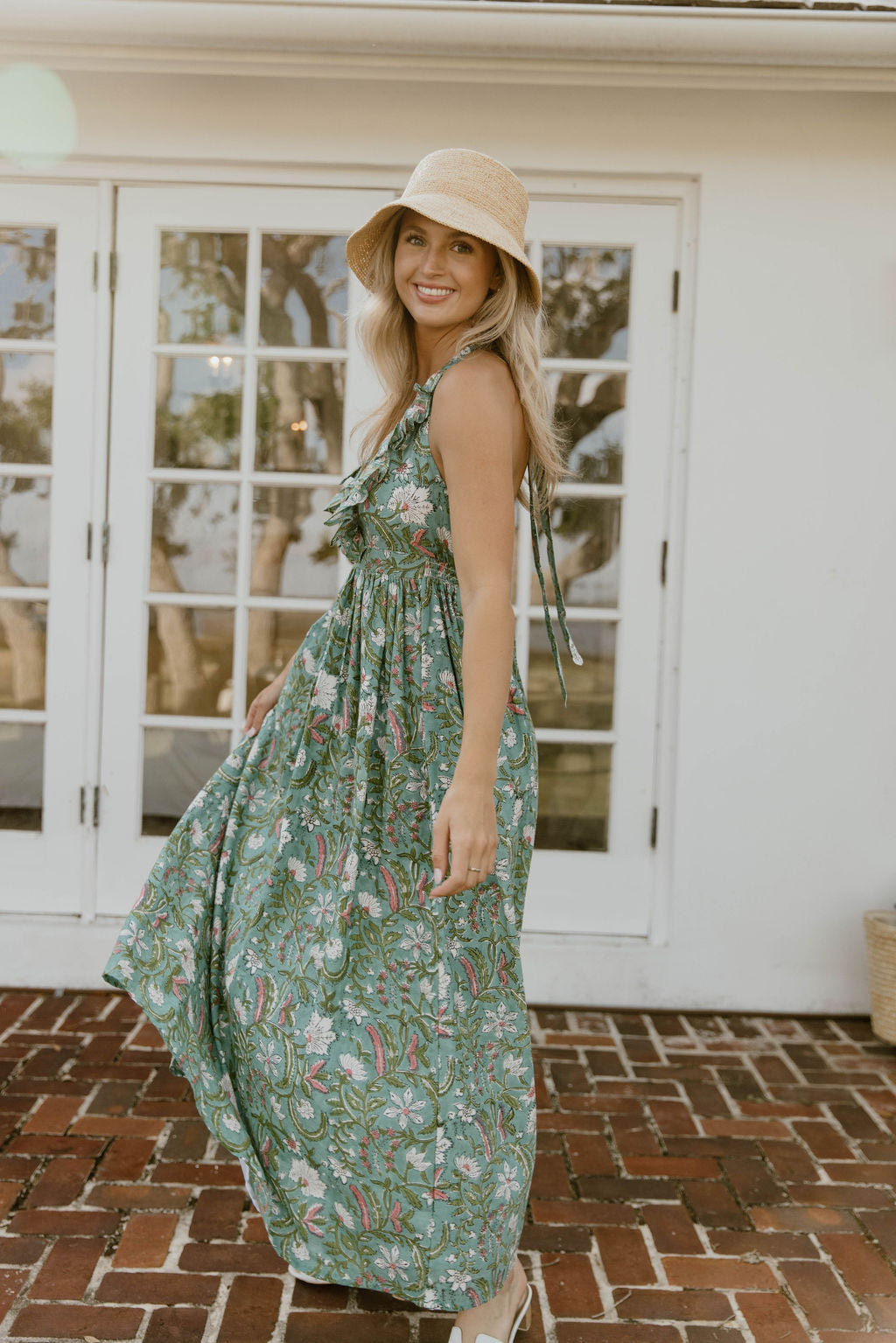 Miranda Floral Maxi Frill Dress - Teal/Pink